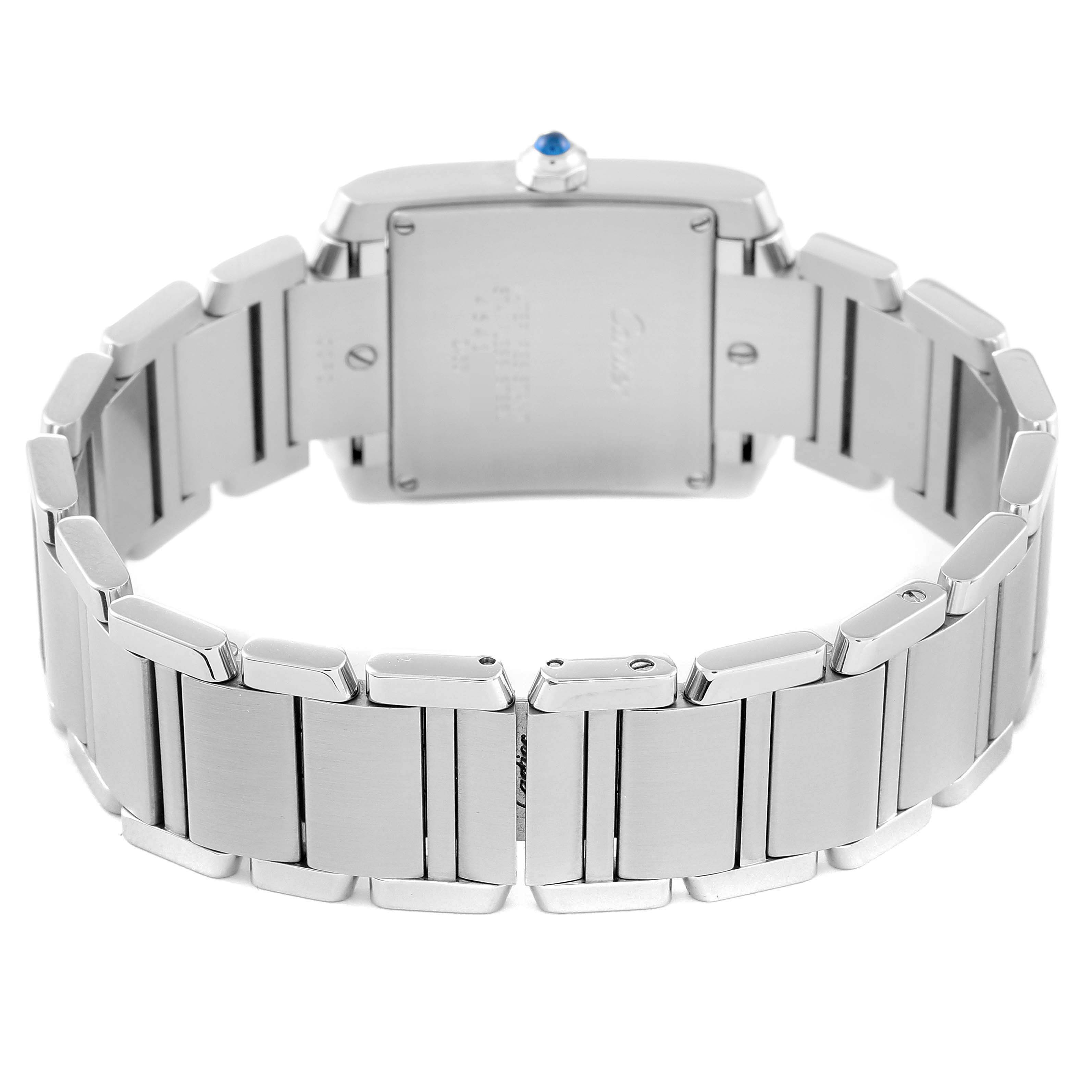The image shows the back side and bracelet of the Tank Française model by Cartier.