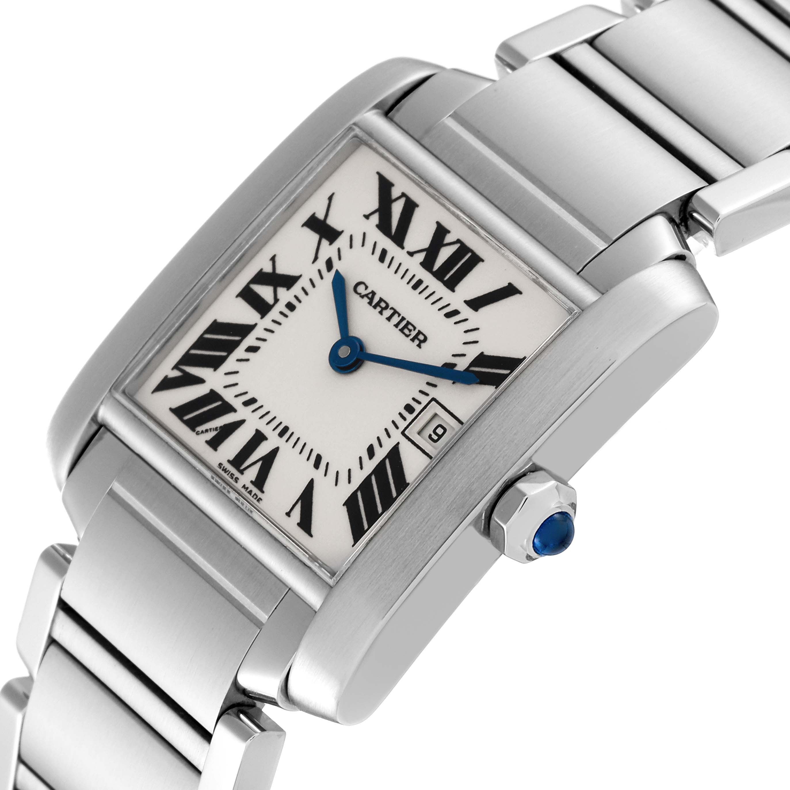 The image shows a close-up of the dial, case, and part of the bracelet of the Cartier Tank Française watch at an angle.