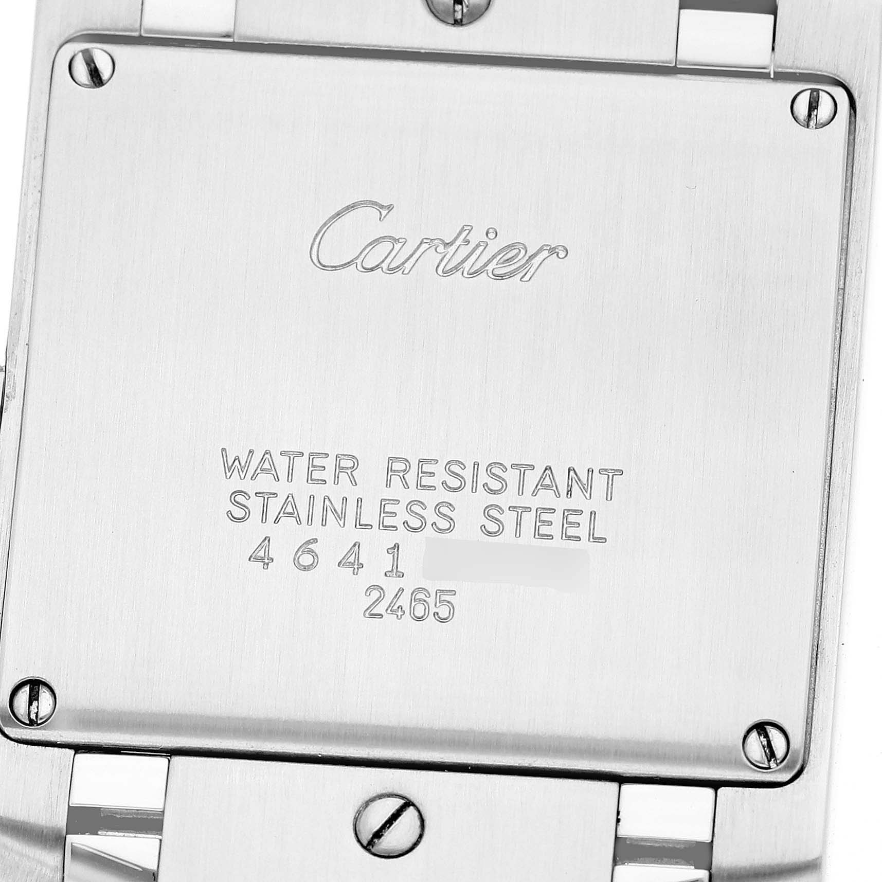 The image shows the case back of a Cartier Tank Francaise W51011Q3 Women
s Stainless Steel Silver Dial W51011Q3 Women
s Stainless Steel Silver Dial watch displaying its water resistance and material details.