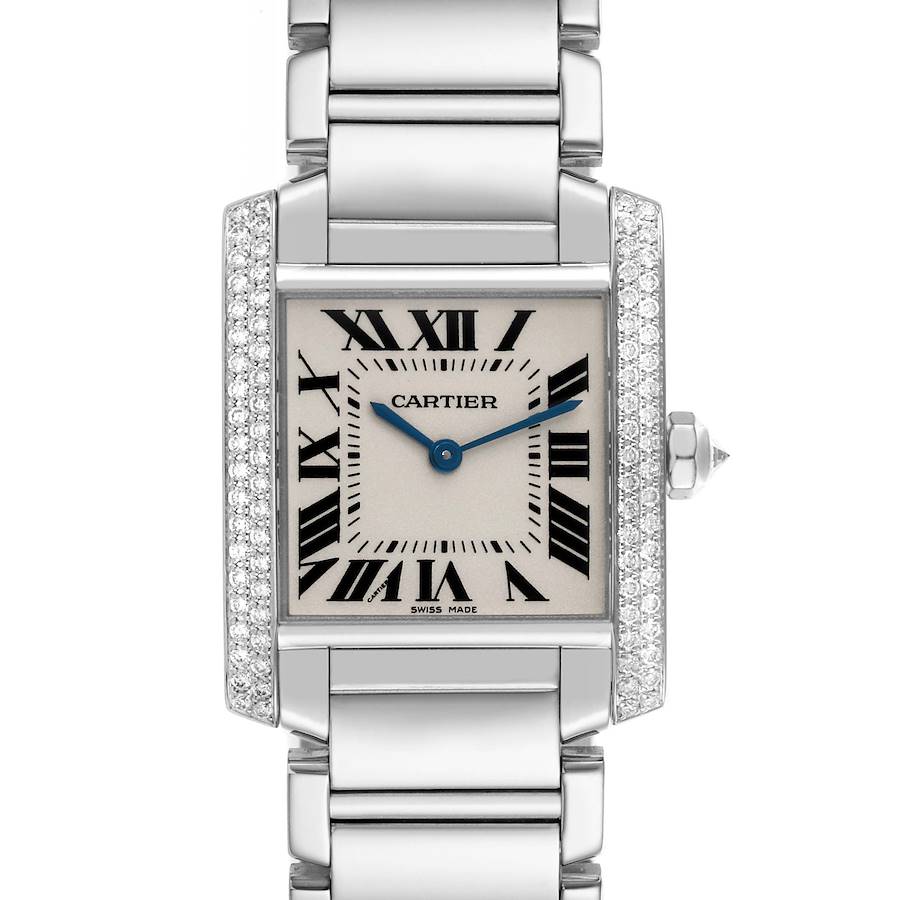 The Cartier Tank Francaise watch is shown from the front, highlighting the face, bracelet, and diamond-set bezel.