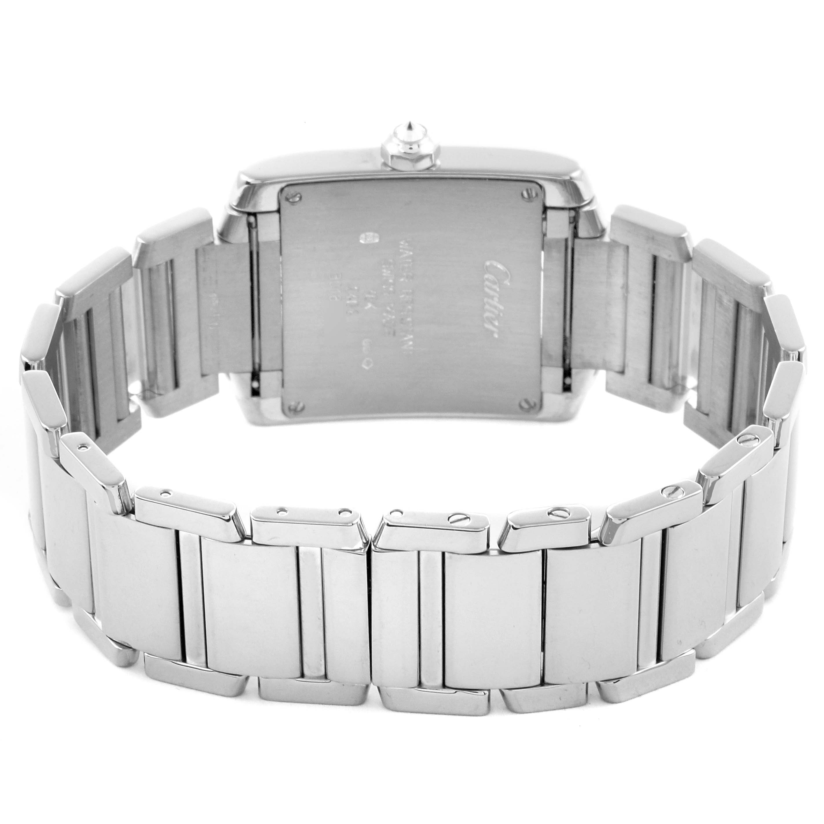 The image shows the back view of a Cartier Tank Francaise WE1009S3 Women
s White Gold Silver Dial WE1009S3 Women
s White Gold Silver Dial watch, highlighting the case back and metal bracelet.