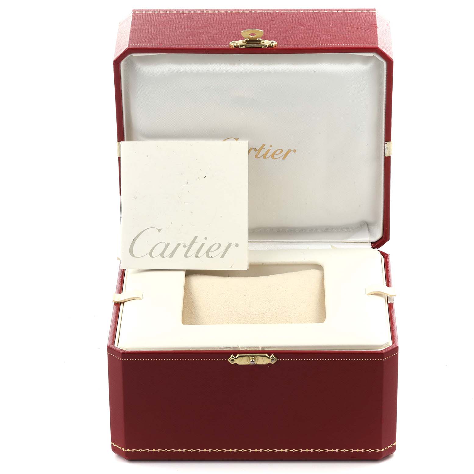 The image shows an open Cartier box for the Tank Francaise watch, revealing the interior and a Cartier-branded card.
