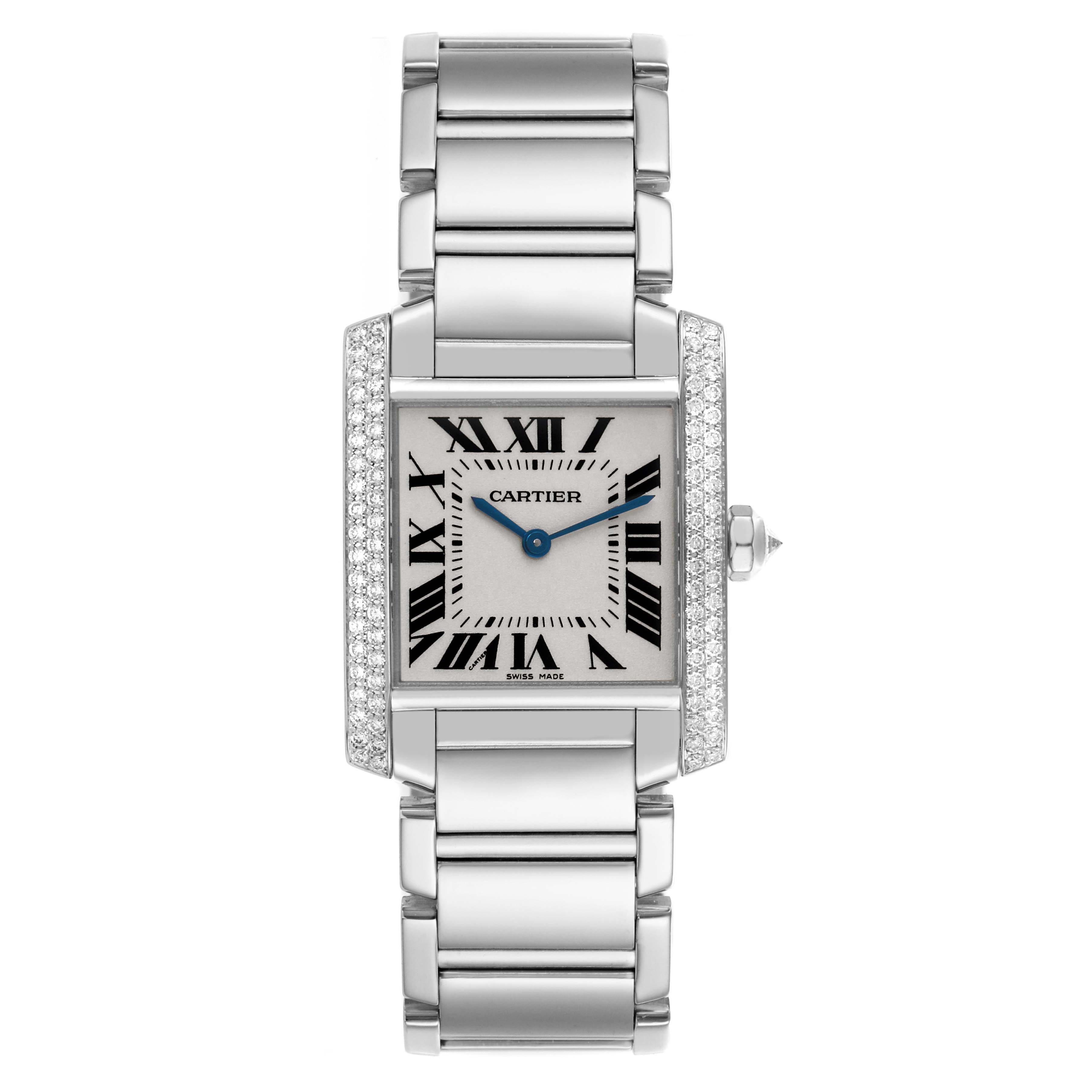 The Cartier Tank Francaise WE1009S3 Women
s White Gold Silver Dial watch is shown from a top-down view, displaying the face, bezel, and bracelet.