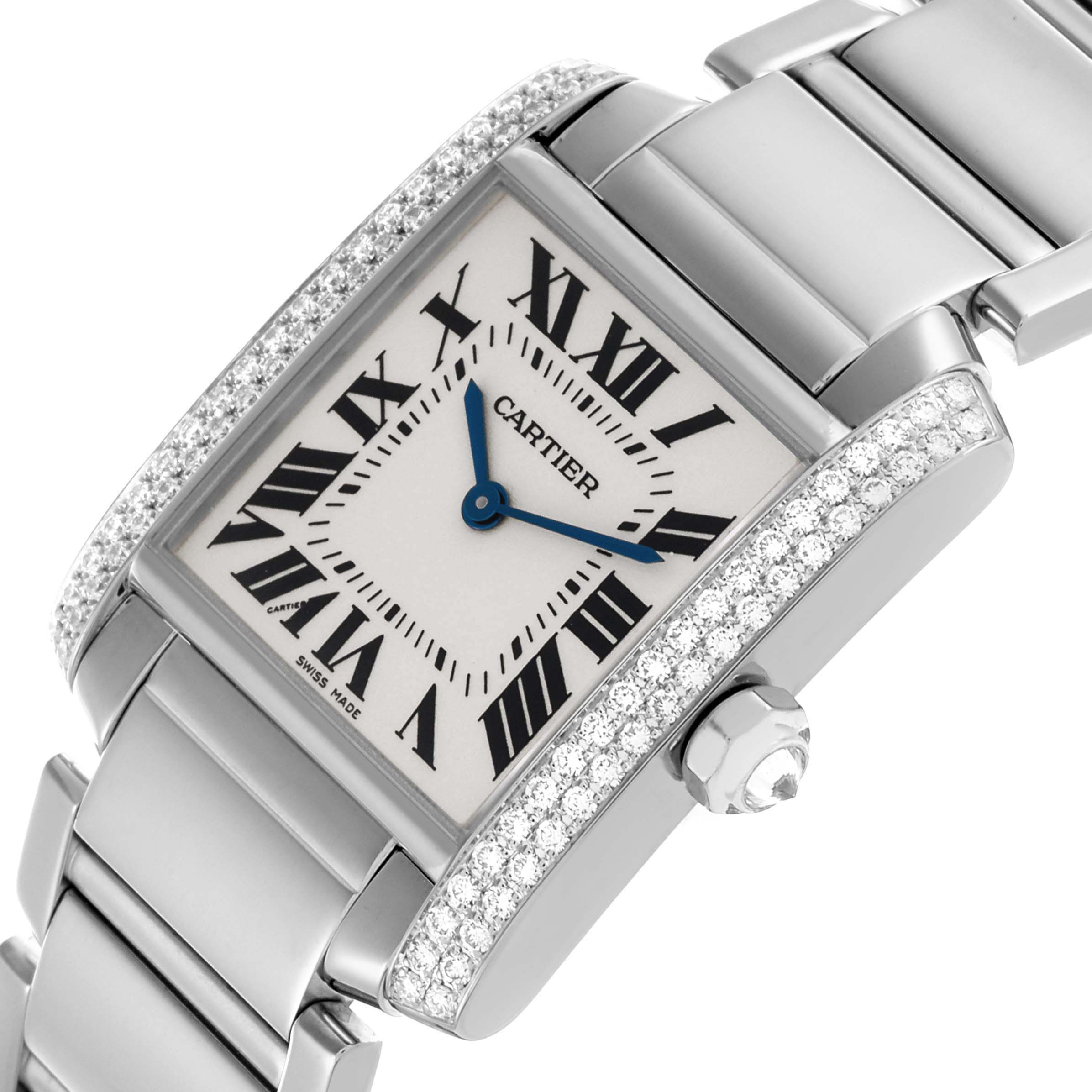 The Cartier Tank Francaise WE1009S3 Women
s White Gold Silver Dial watch is shown at an angle highlighting its face, Roman numerals, bracelet, crown, and diamond-set bezel.