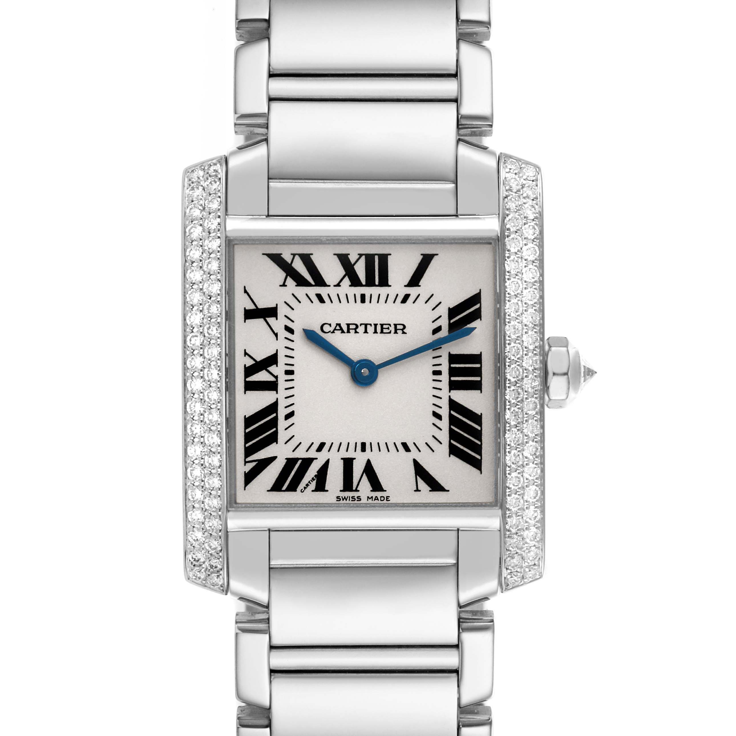 The Cartier Tank Francaise WE1009S3 Women
s White Gold Silver Dial watch is shown from a front angle, highlighting its face, Roman numerals, and metal bracelet.