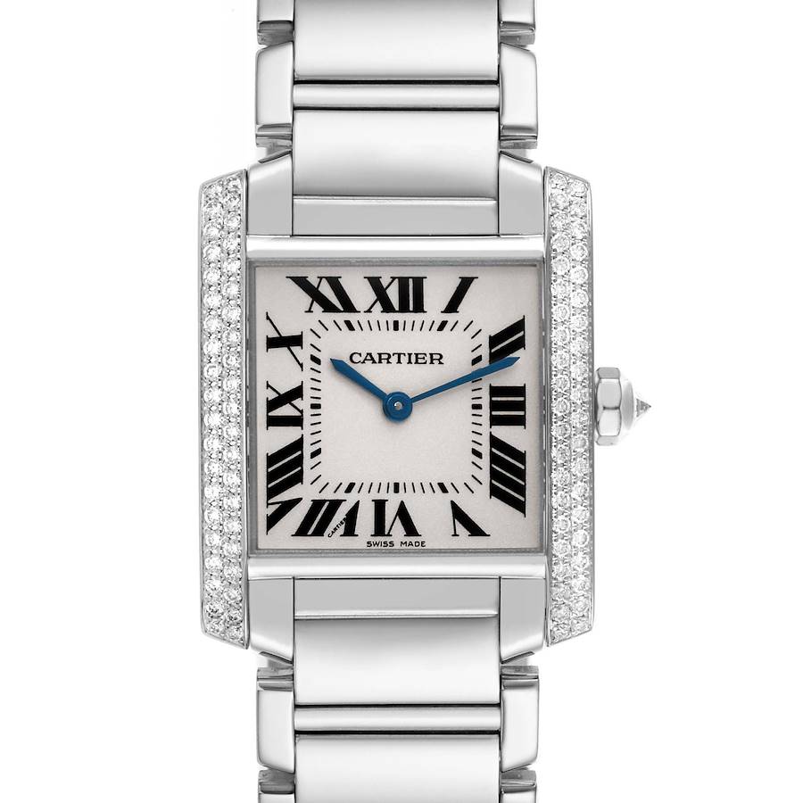The Cartier Tank Francaise WE1009S3 Women's White Gold Silver Dial watch is shown from a front angle, highlighting its face, Roman numerals, and metal bracelet.