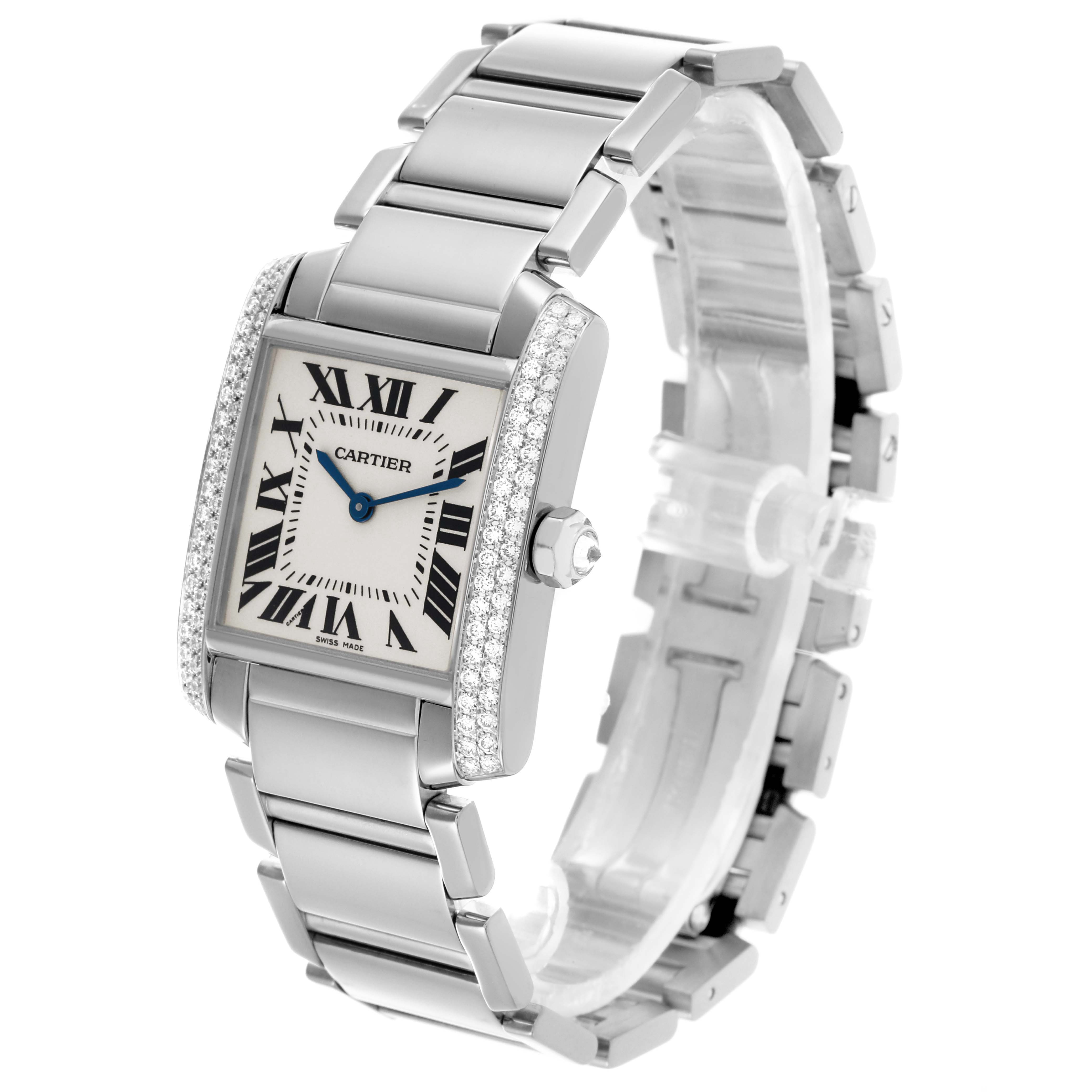 The Cartier Tank Francaise WE1009S3 Women
s White Gold Silver Dial watch is shown at a slight angle, highlighting the face, crown, and bracelet.