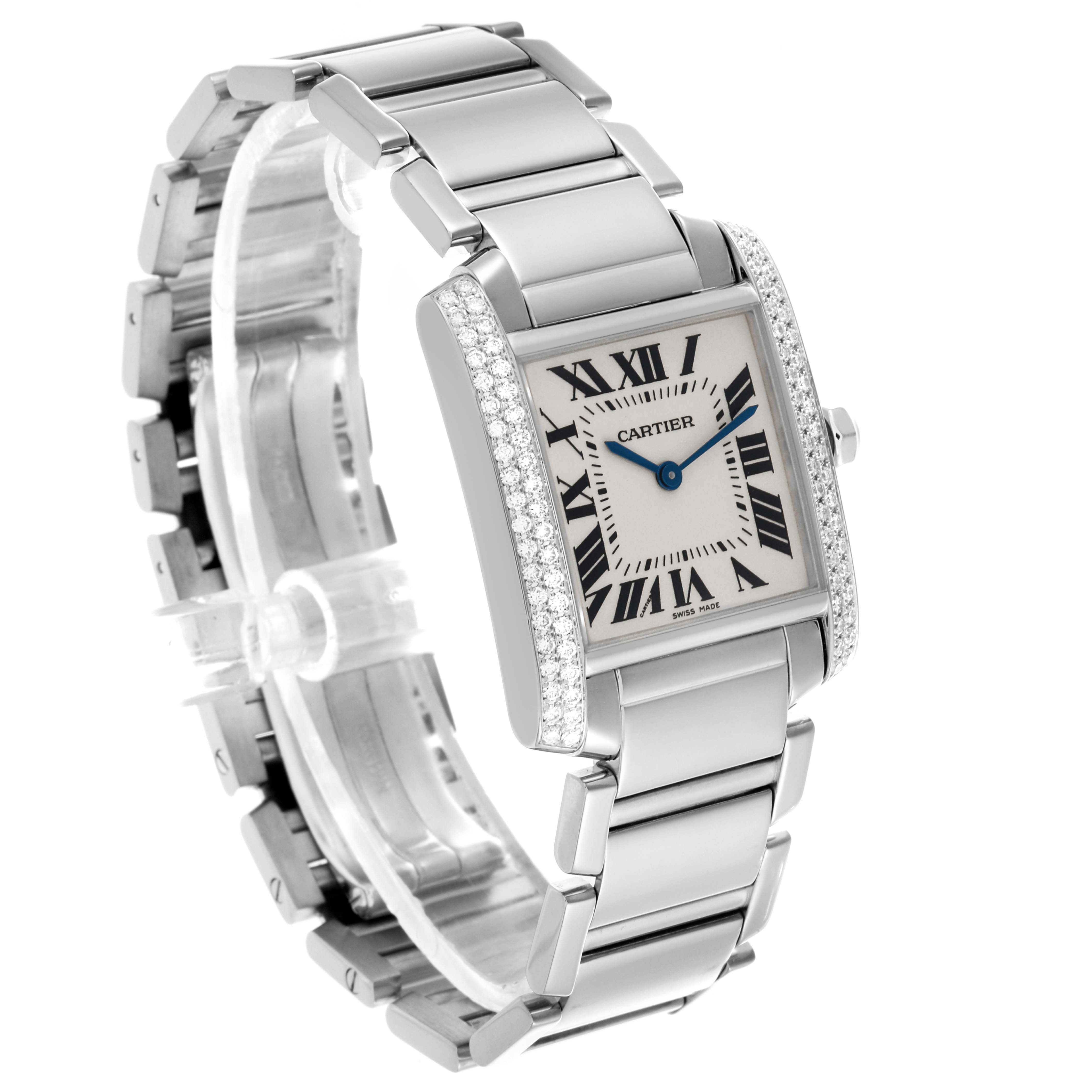 The Cartier Tank Française watch is shown at a three-quarter angle, highlighting its rectangular case, Roman numeral dial, metal bracelet, and diamond accents.