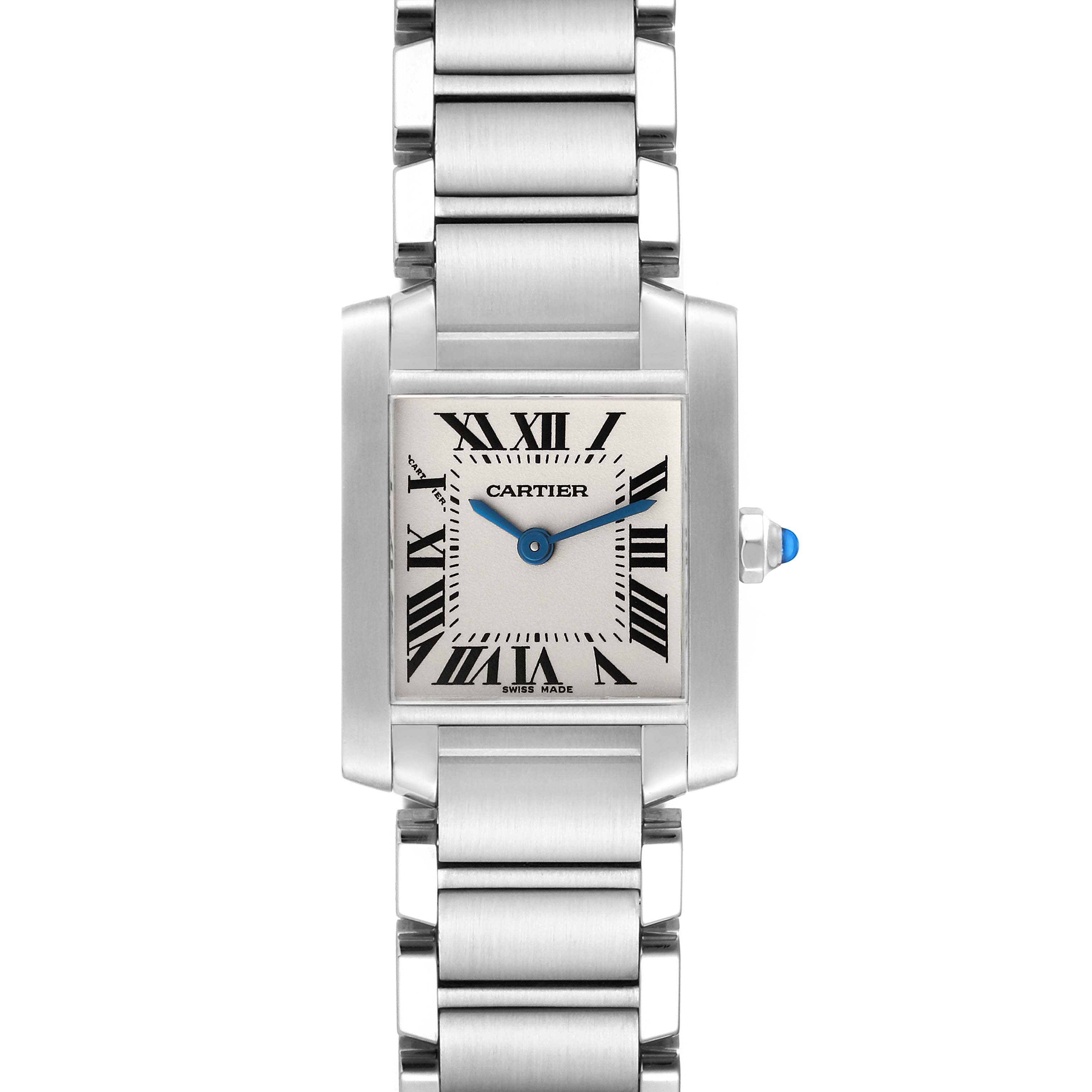 The image shows a front view of the Cartier Tank Francaise W51008Q3 Women
s Stainless Steel Silver Dial W51008Q3 Women
s Stainless Steel Silver Dial watch, highlighting its rectangular case, Roman numeral dial, and metal bracelet.