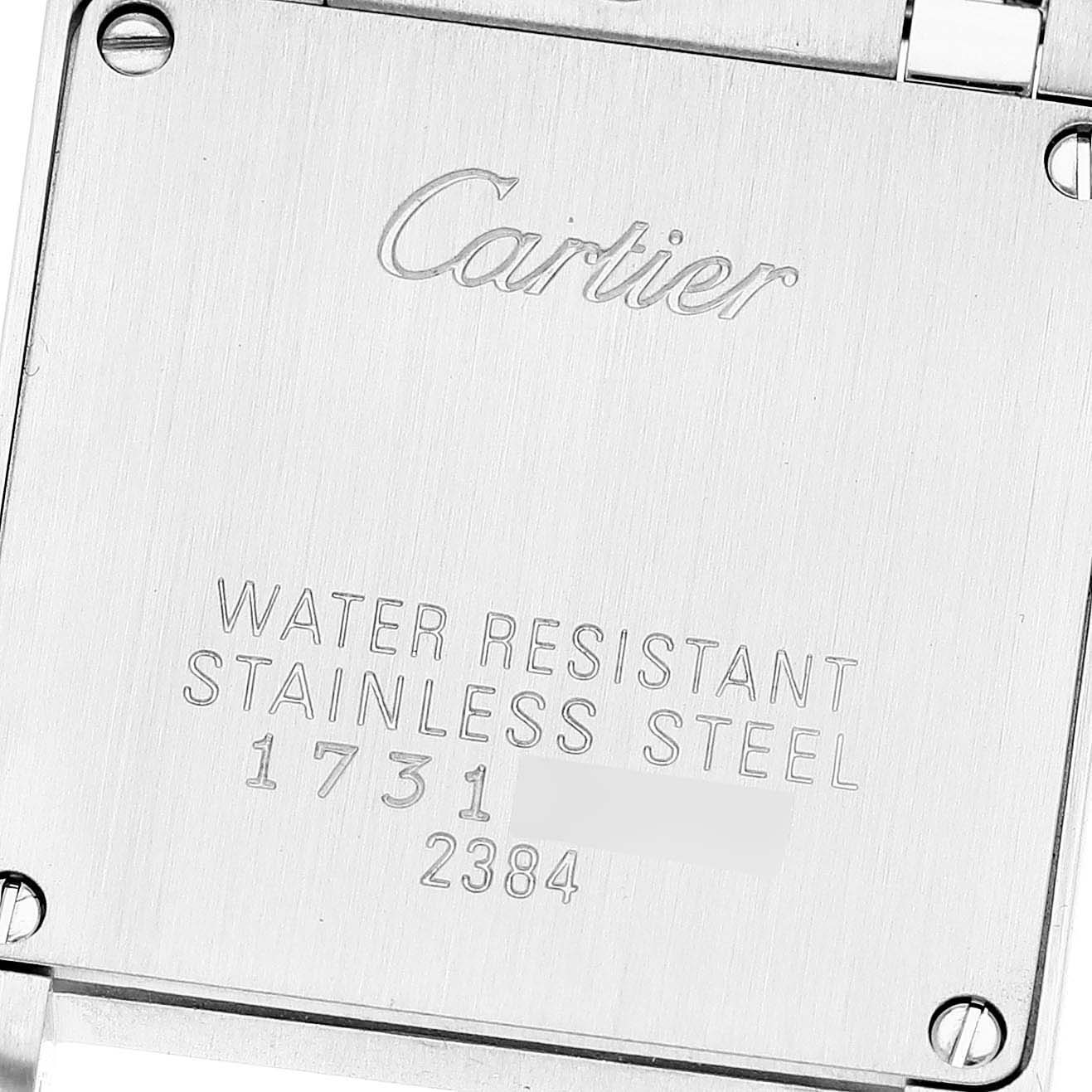 This image shows the back case of a Cartier Tank Francaise W51008Q3 Women
s Stainless Steel Silver Dial W51008Q3 Women
s Stainless Steel Silver Dial watch, showcasing its stainless steel and water-resistant features.