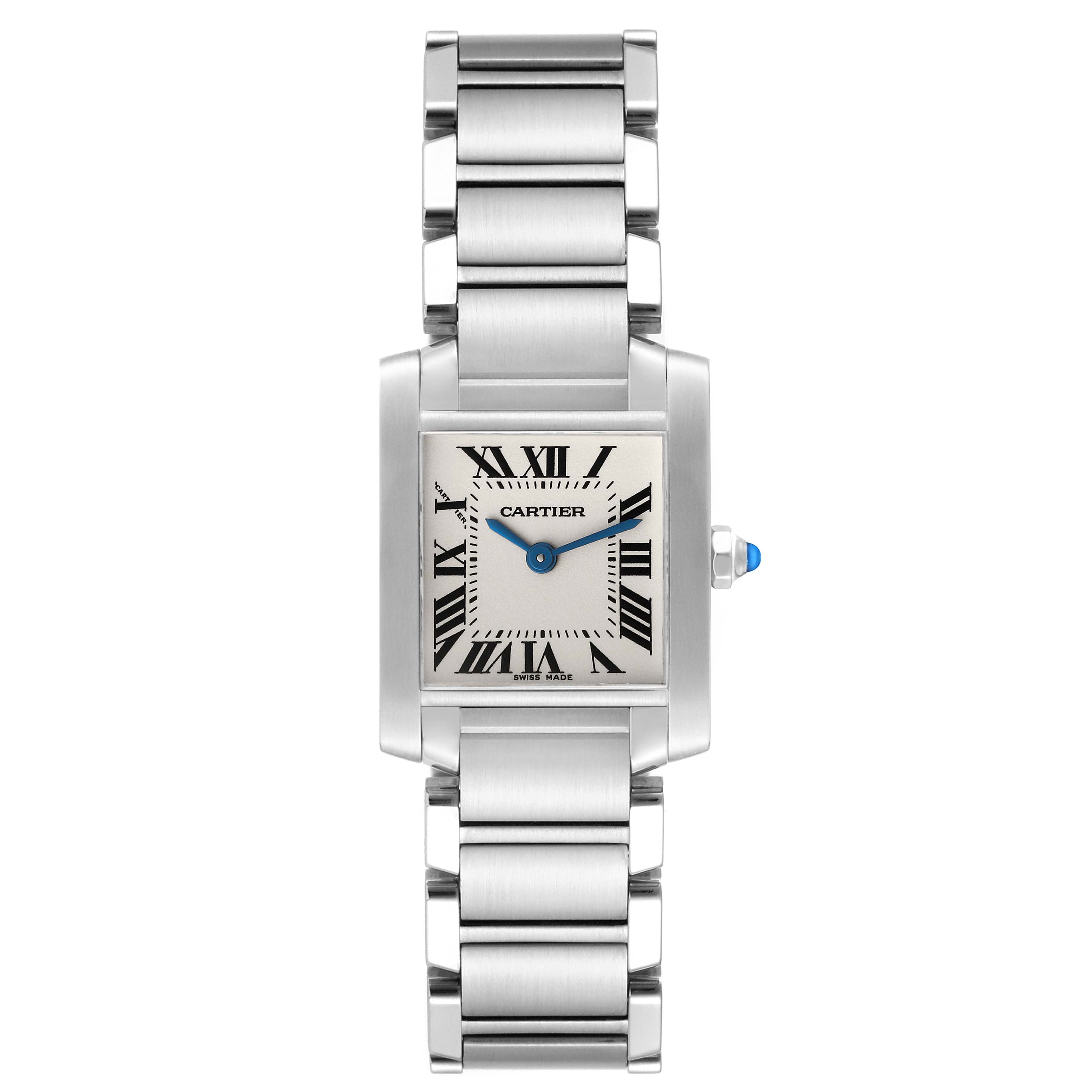 The image shows a front view of the Cartier Tank Francaise W51008Q3 Women
s Stainless Steel Silver Dial W51008Q3 Women
s Stainless Steel Silver Dial watch, displaying its rectangular face and metal bracelet.