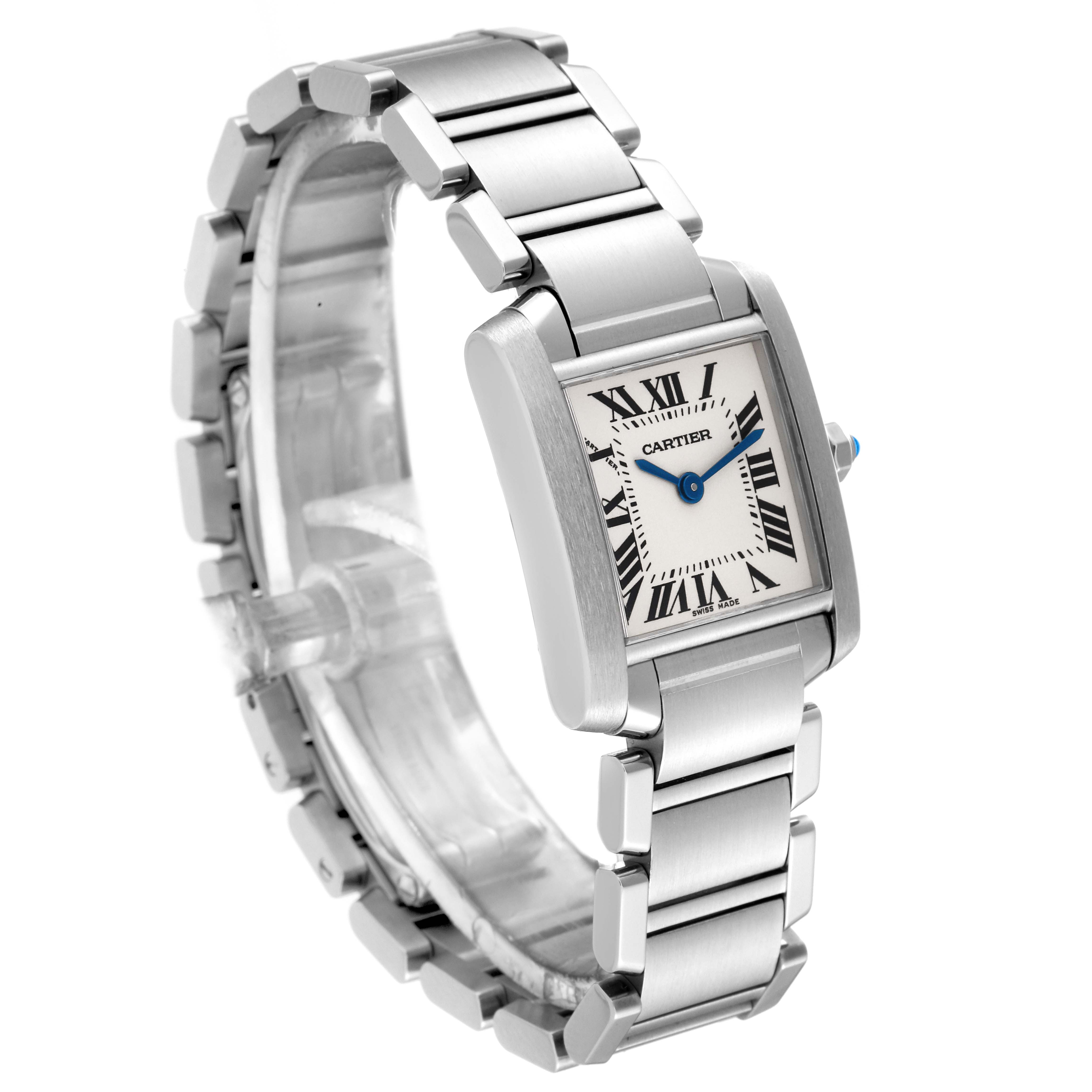 The image shows a side and front view of a Cartier Tank Francaise W51008Q3 Women
s Stainless Steel Silver Dial W51008Q3 Women
s Stainless Steel Silver Dial watch, highlighting its rectangular dial and metal bracelet.