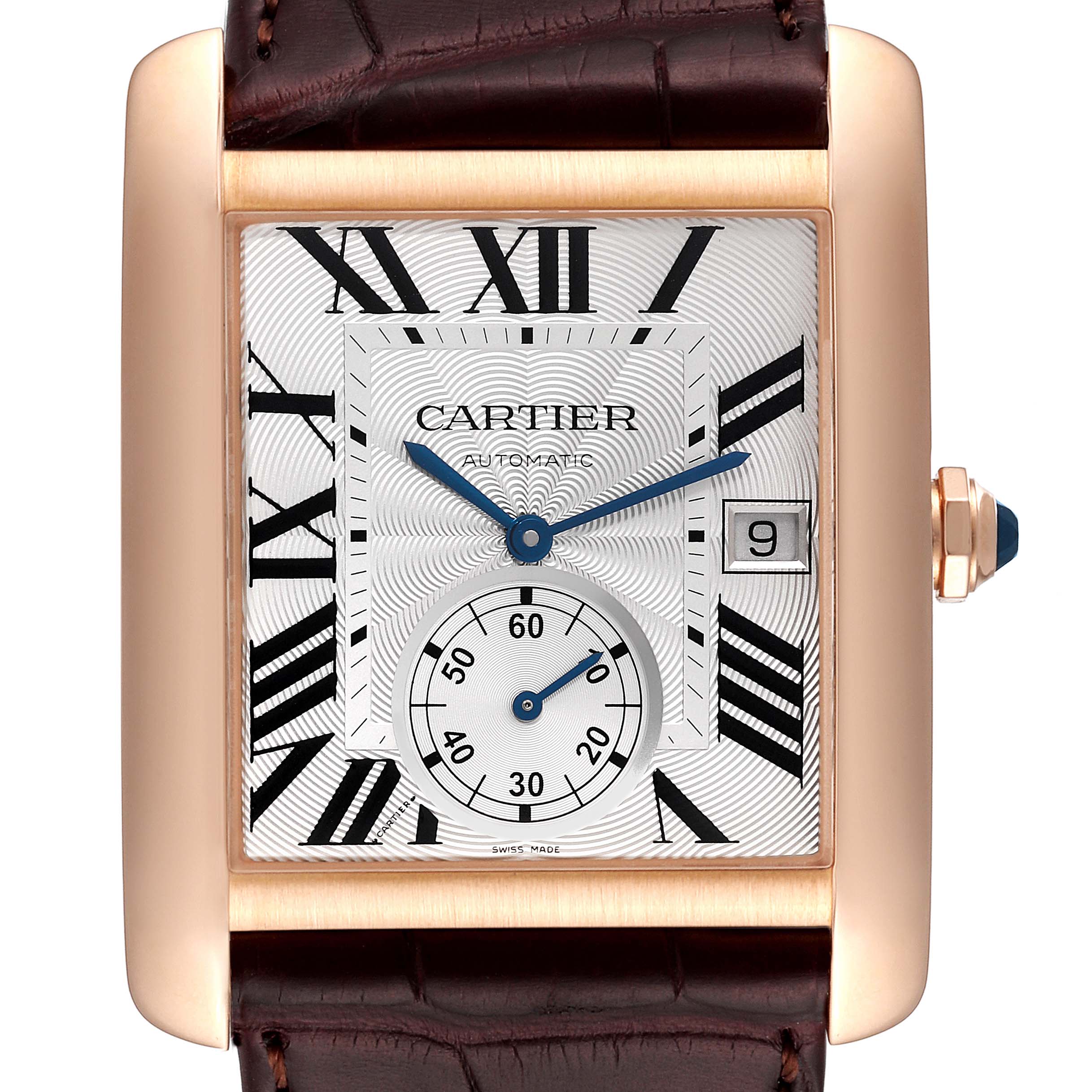 The image shows a close-up front view of a Tank MC model by Cartier, featuring its dial, date window, and part of the leather strap.