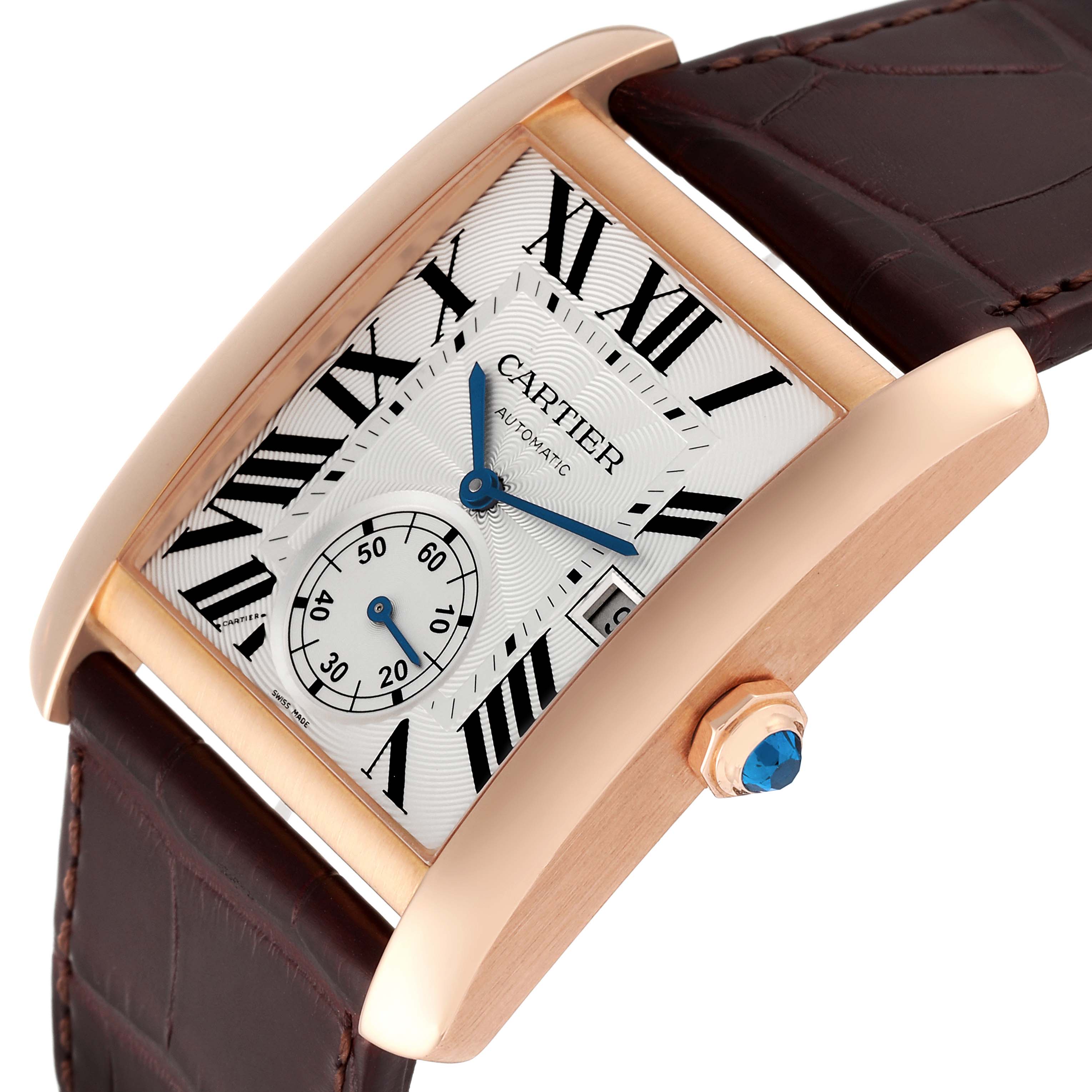 The image shows a close-up of the Cartier Tank MC W5330001 Men's Rose Gold Silver Dial W5330001 Men's Rose Gold Silver Dial watch at an angle, highlighting the dial, case, crown, and leather strap.