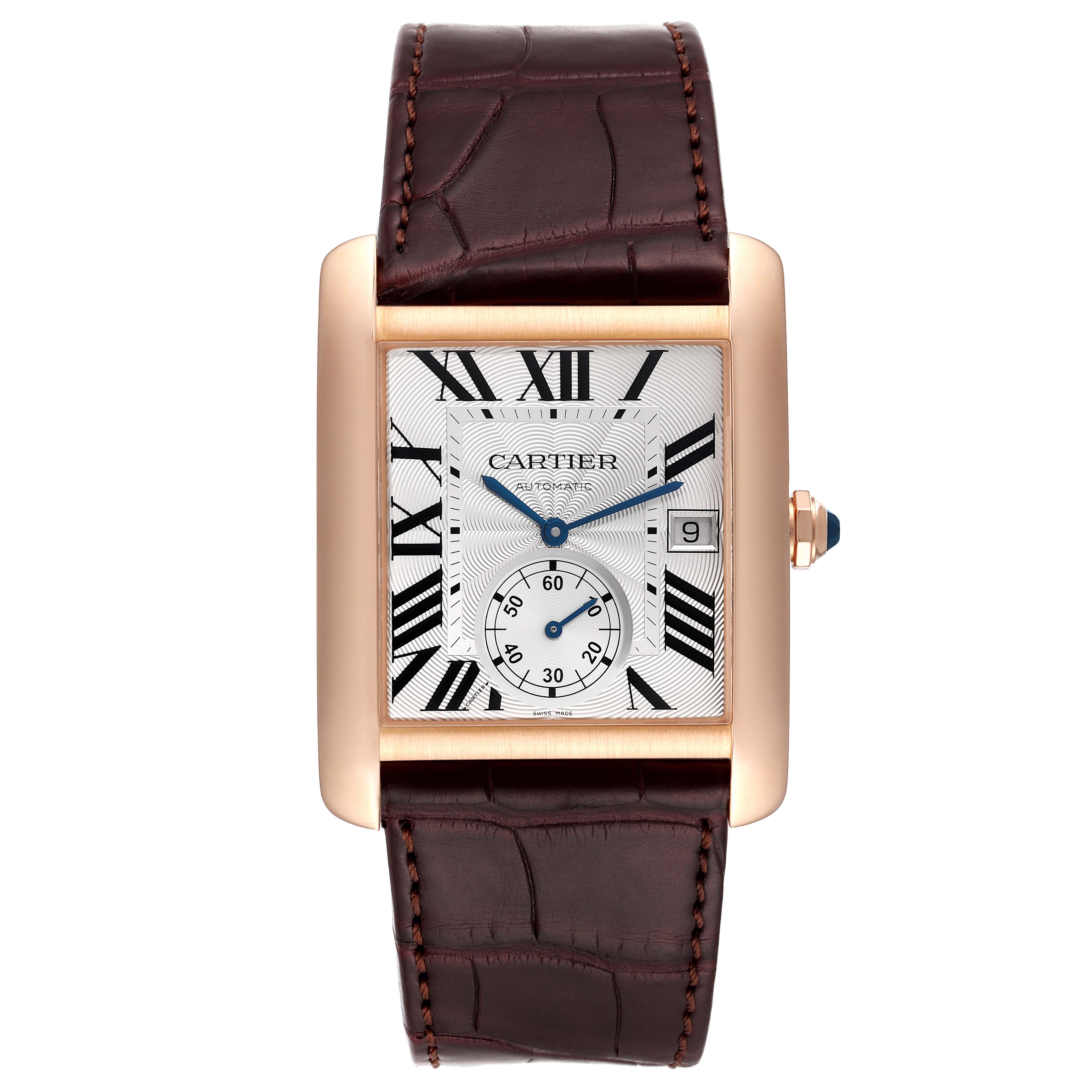 This image shows a front view of the Cartier Tank MC W5330001 Men's Rose Gold Silver Dial W5330001 Men's Rose Gold Silver Dial watch with its rectangular face and leather strap.