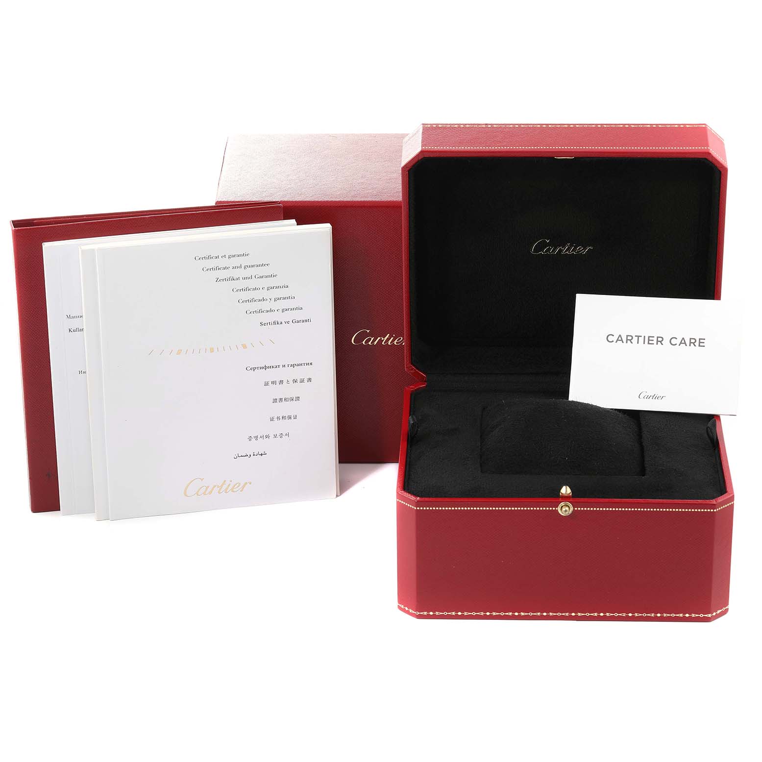 The image shows packaging and accessories for a Cartier Tank MC W5330001 Men's Rose Gold Silver Dial W5330001 Men's Rose Gold Silver Dial watch, including a red box, manuals, and a Cartier Care card.