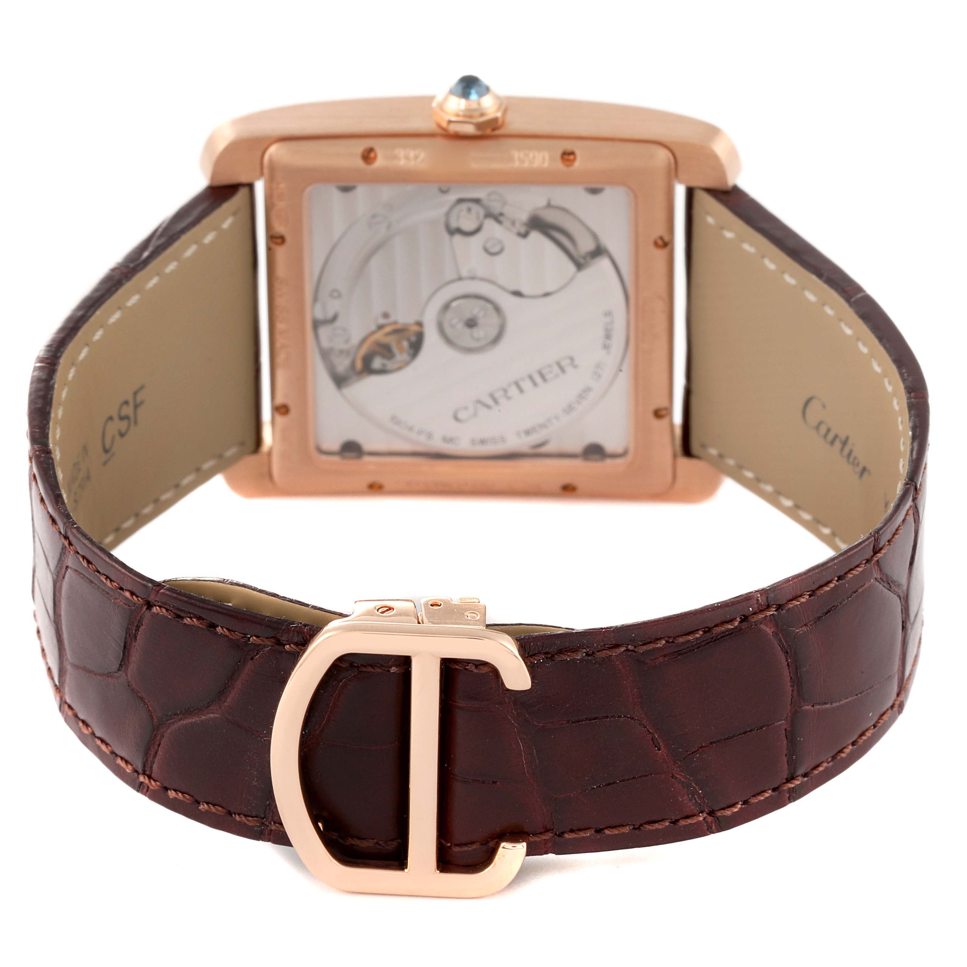 This image shows the Tank MC model by Cartier from the rear, highlighting its movement through the case back and leather strap.