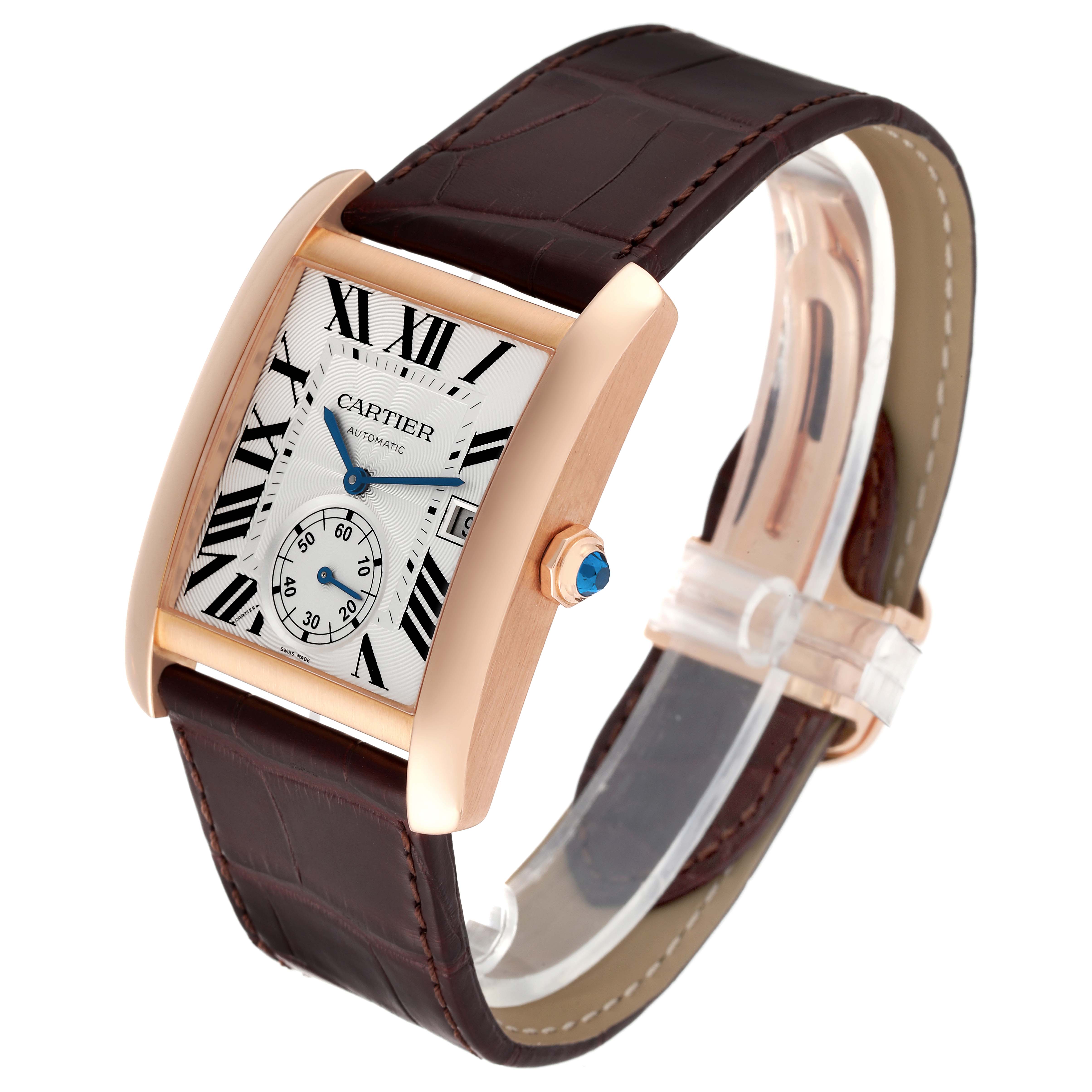 The Cartier Tank MC W5330001 Men's Rose Gold Silver Dial W5330001 Men's Rose Gold Silver Dial watch is shown at a 3/4 angle, featuring the face, crown, and leather strap.