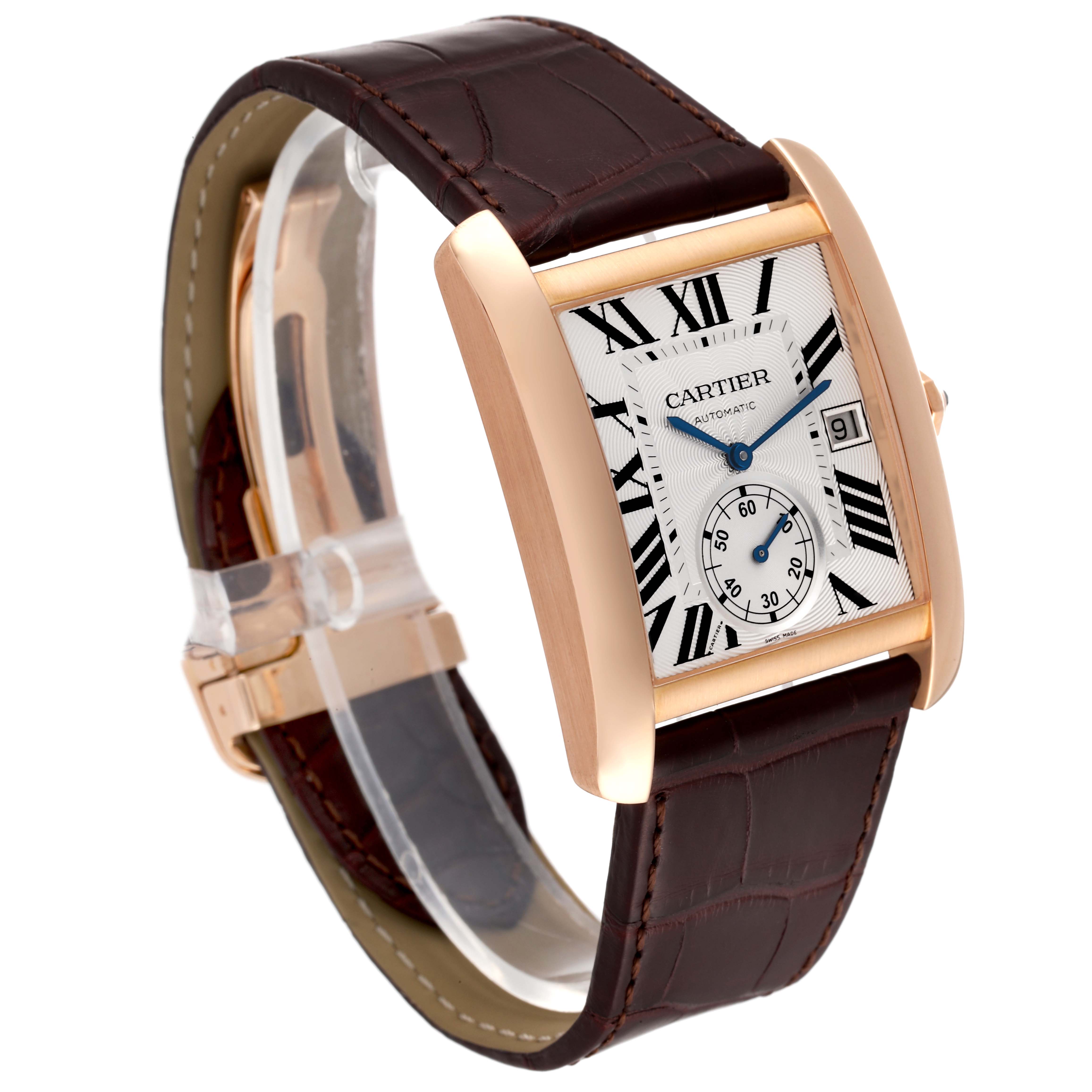 The Cartier Tank MC W5330001 Men's Rose Gold Silver Dial W5330001 Men's Rose Gold Silver Dial watch is shown at an angled side view, displaying its dial, strap, and case.