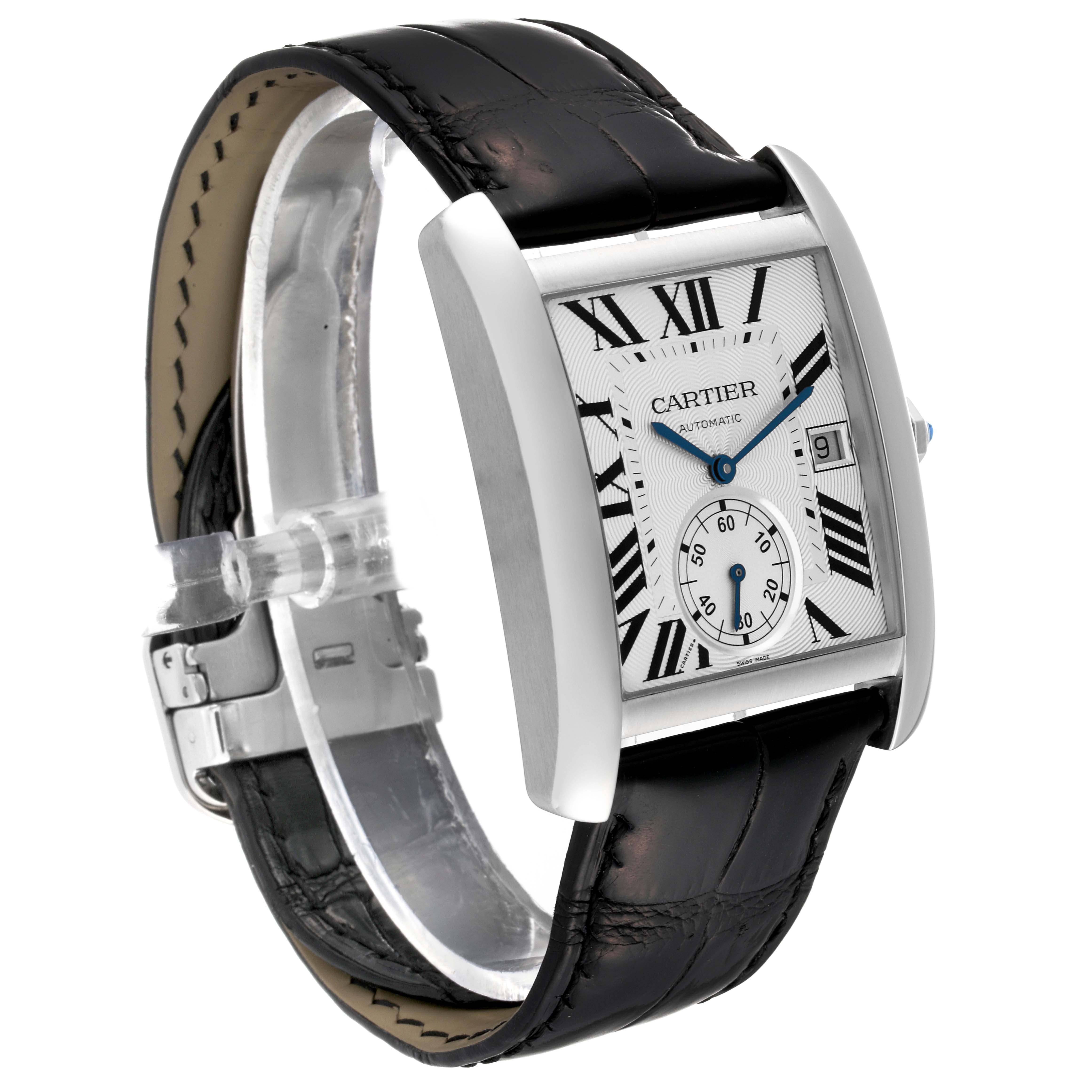 This is a Cartier Tank MC W5330003 Men
s Stainless Steel Silver Dial W5330003 Men
s Stainless Steel Silver Dial watch shown at a slight angle, displaying the face, case, and part of the leather strap.