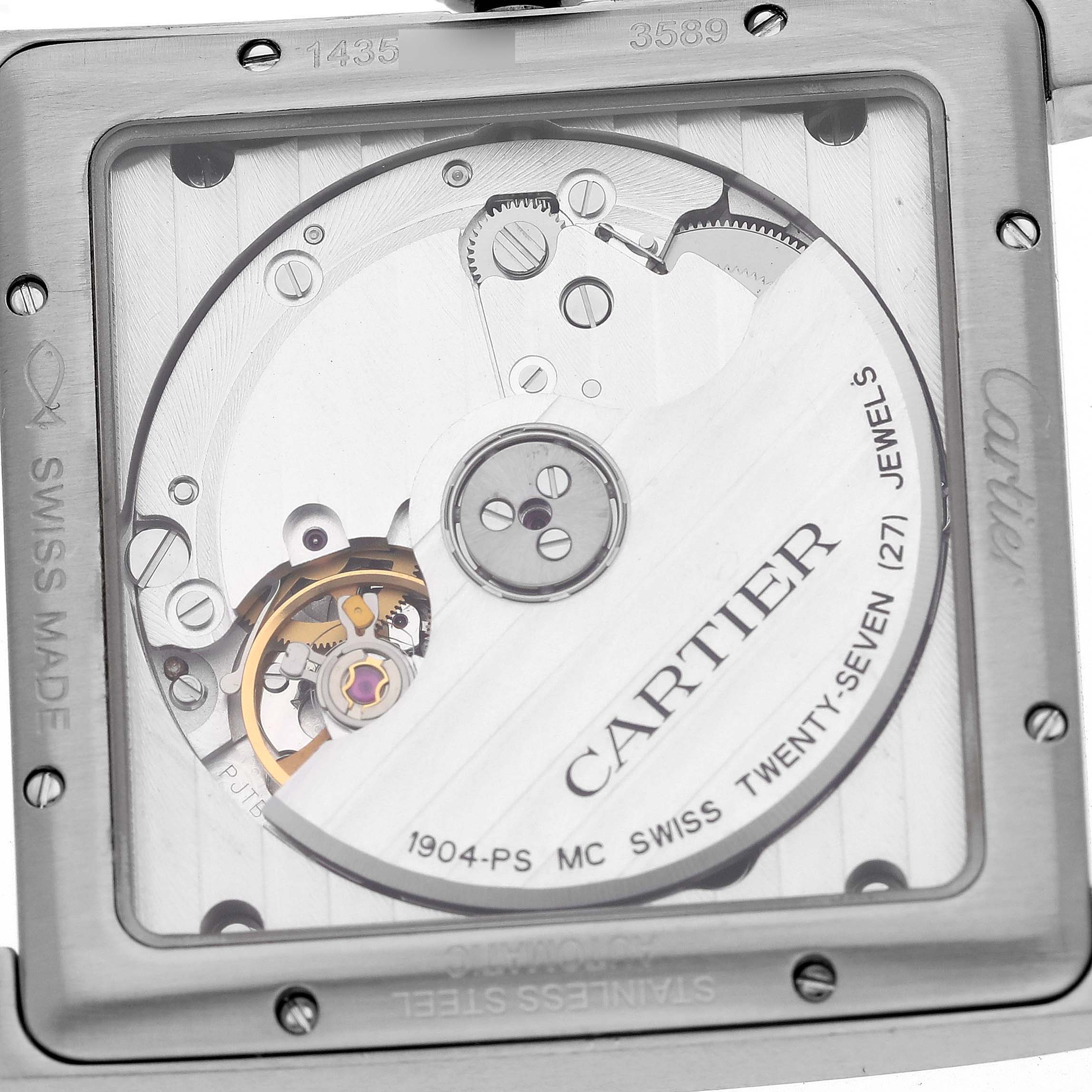 The image shows the back of a Cartier Tank MC W5330003 Men
s Stainless Steel Silver Dial W5330003 Men
s Stainless Steel Silver Dial watch, highlighting its movement and internal mechanics.