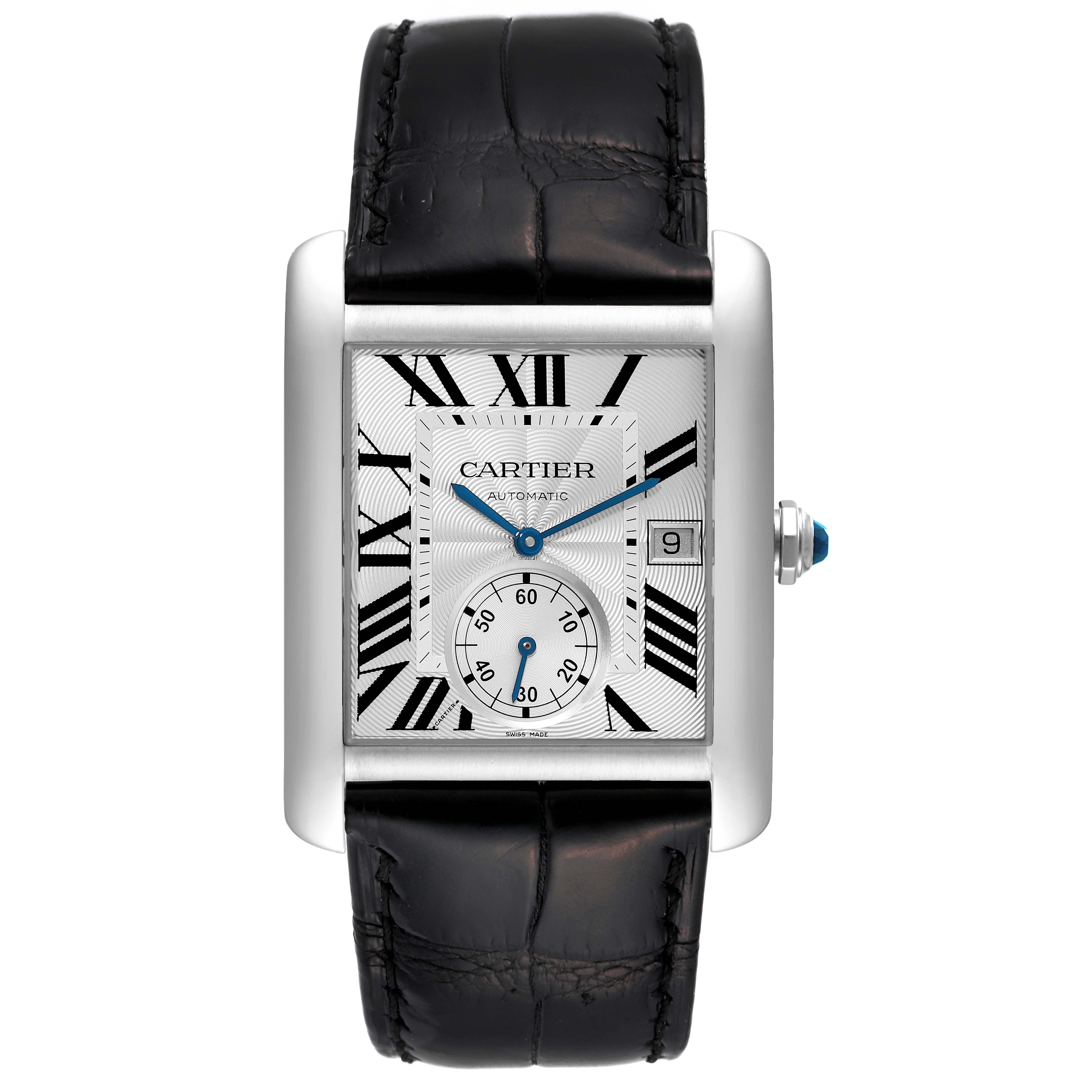 The image shows a front view of the Cartier Tank MC W5330003 Men
s Stainless Steel Silver Dial W5330003 Men
s Stainless Steel Silver Dial watch, highlighting its rectangular dial, black leather strap, and blue hands.