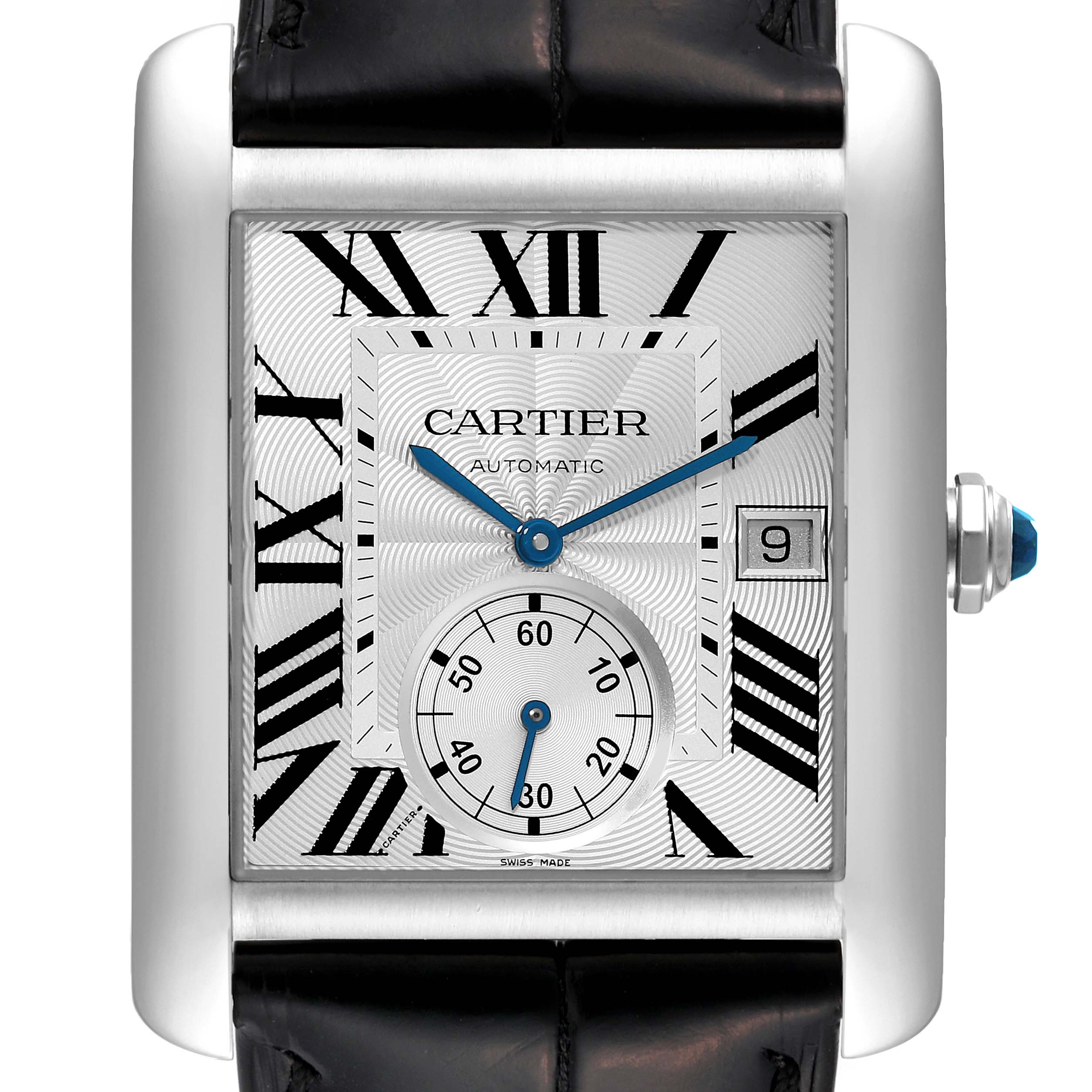 This is a close-up of the face of the Cartier Tank MC W5330003 Men
s Stainless Steel Silver Dial W5330003 Men
s Stainless Steel Silver Dial watch, showing the dial, Roman numerals, sub-dial, and date indicator.