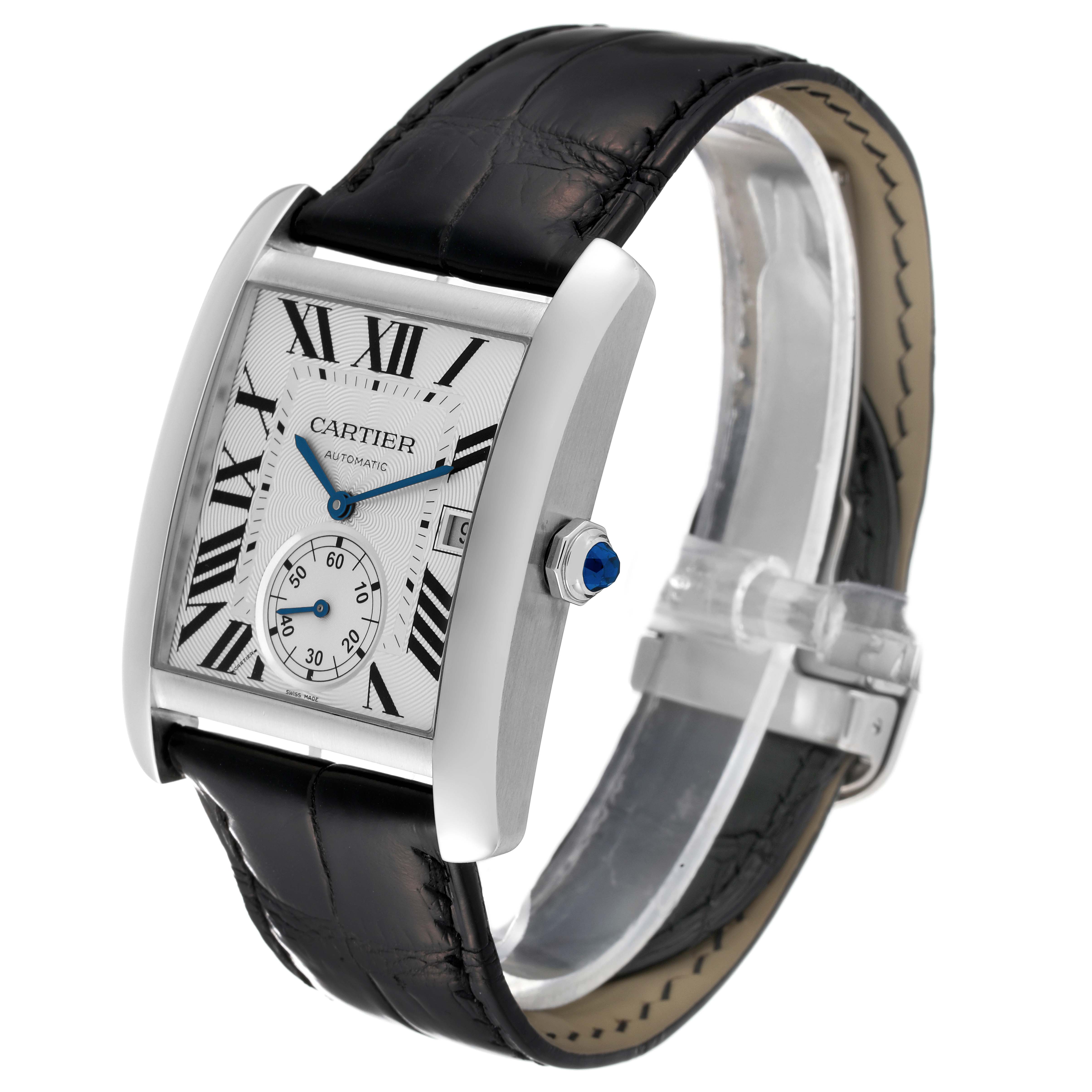 The image shows a Cartier Tank MC W5330003 Men
s Stainless Steel Silver Dial W5330003 Men
s Stainless Steel Silver Dial watch at a slight angle, highlighting its face, bezel, crown, and black leather strap.