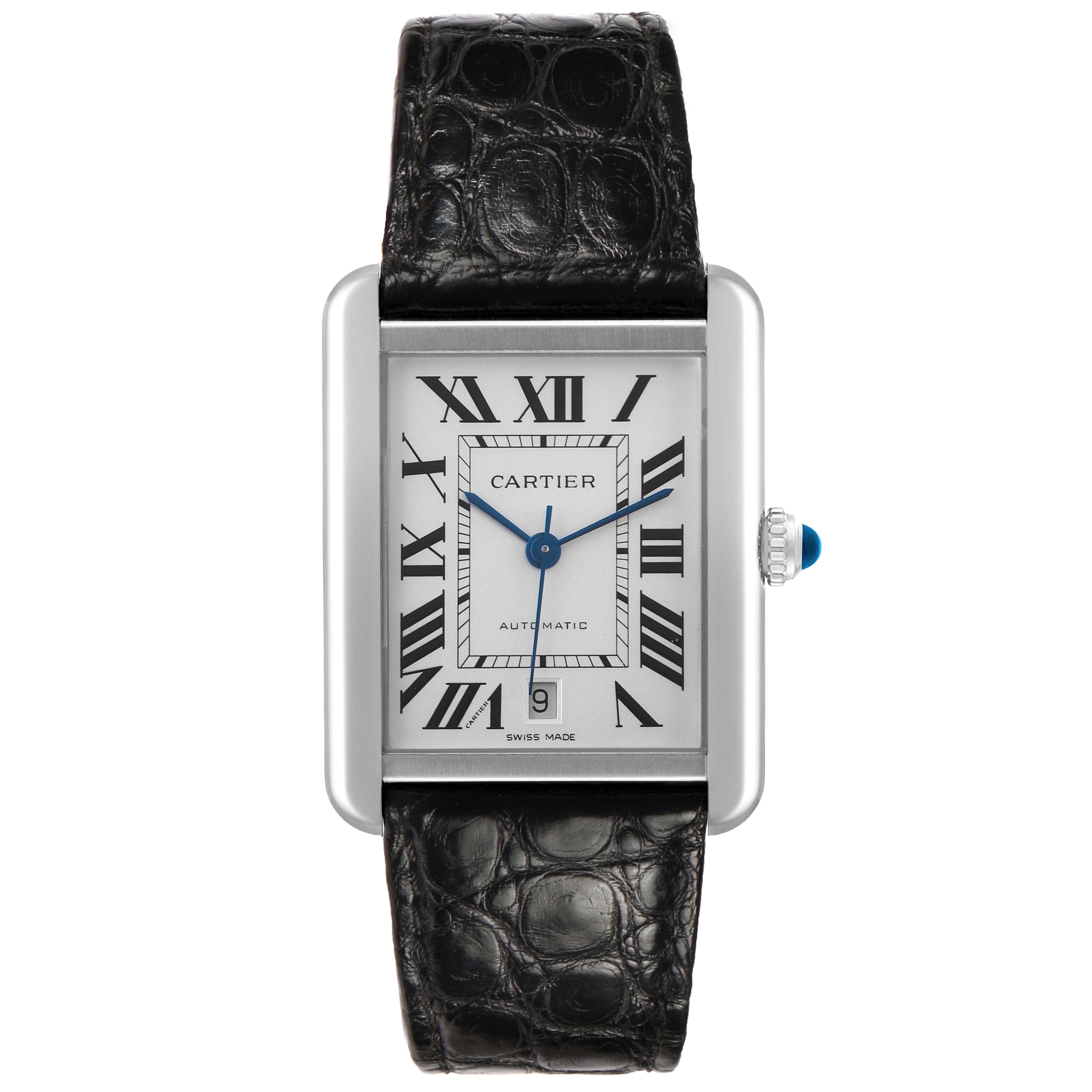 The Cartier Tank Solo W5200027 Men's Stainless Steel Silver Dial watch is shown from a front angle, displaying the face, Roman numerals, hands, case, and black leather strap.
