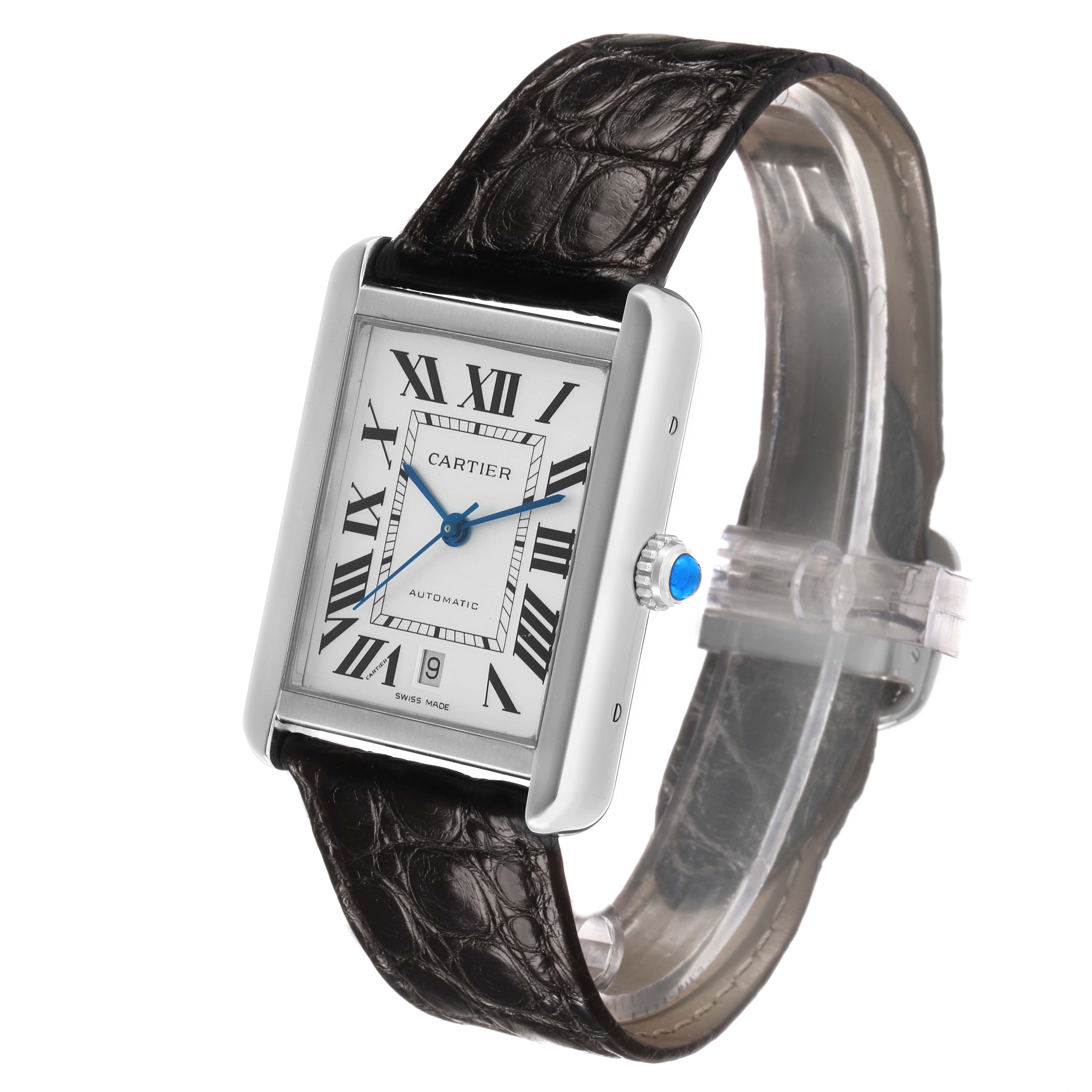 The Cartier Tank Solo W5200027 Men's Stainless Steel Silver Dial watch is shown in a three-quarter view highlighting the face, strap, and crown.