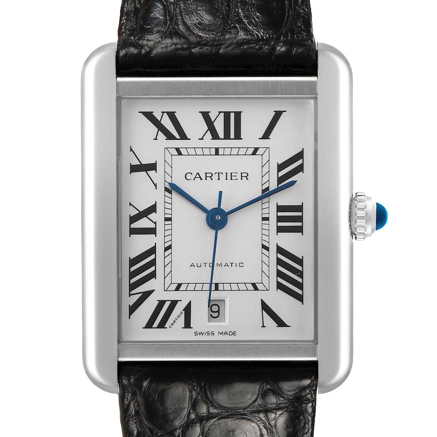 The Cartier Tank Solo W5200027 Men's Stainless Steel Silver Dial watch is shown from the front with a focus on its dial, Roman numerals, and blue hands.