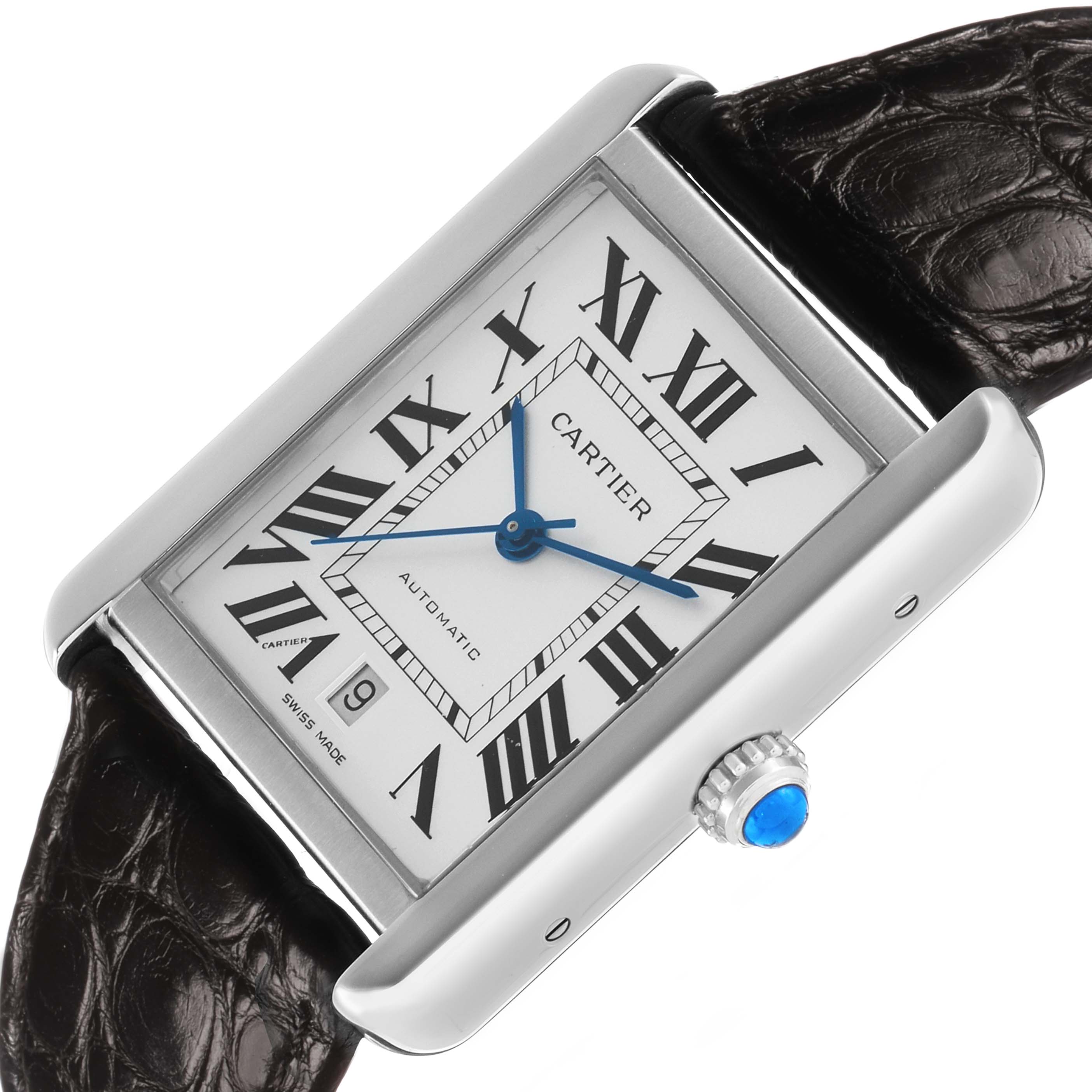 The image shows a Cartier Tank Solo W5200027 Men's Stainless Steel Silver Dial watch at an angled view, highlighting the dial, Roman numerals, blue hands, and crown with a blue cabochon.