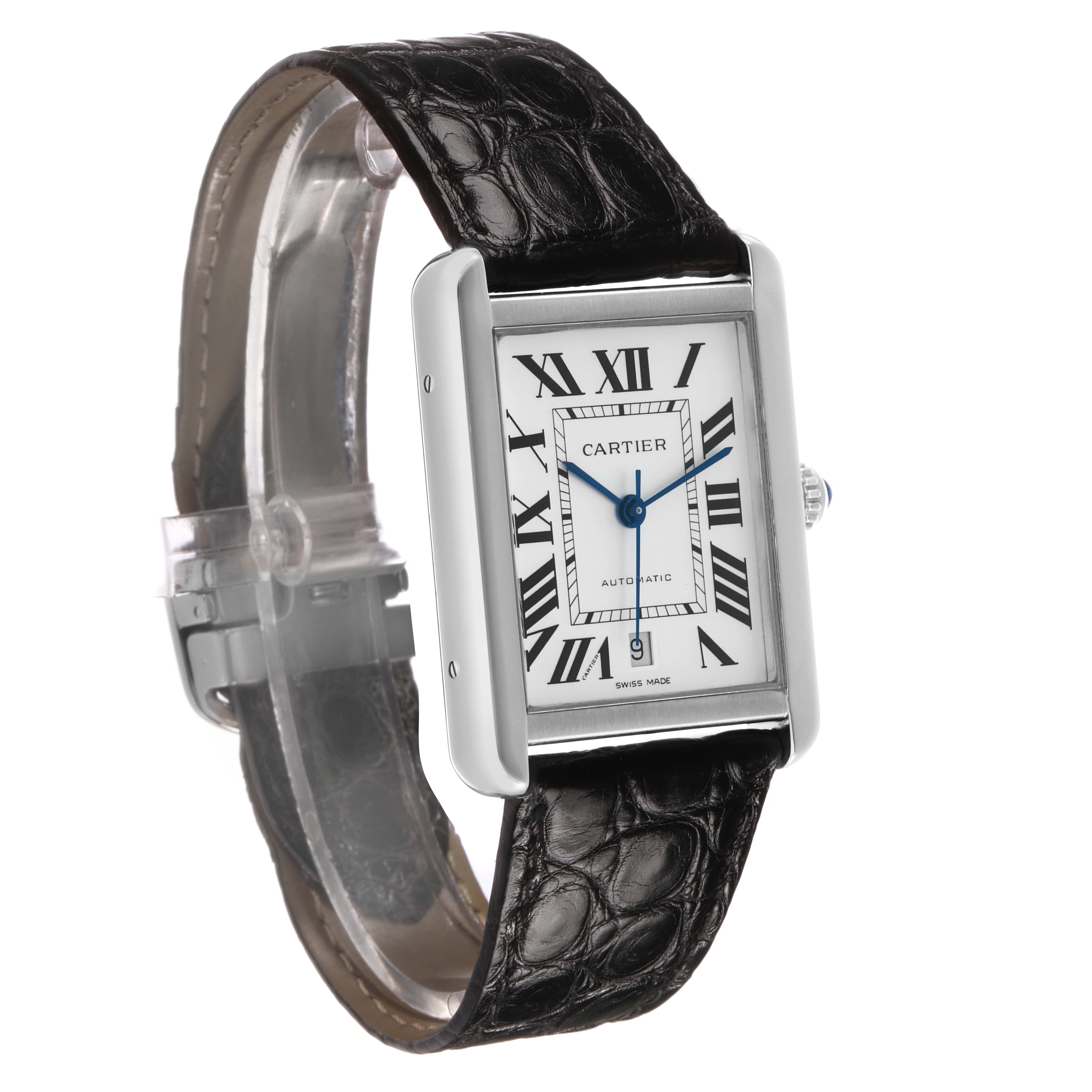 The Cartier Tank Solo W5200027 Men's Stainless Steel Silver Dial watch is shown at a slight angle displaying the dial, Roman numerals, and leather strap.