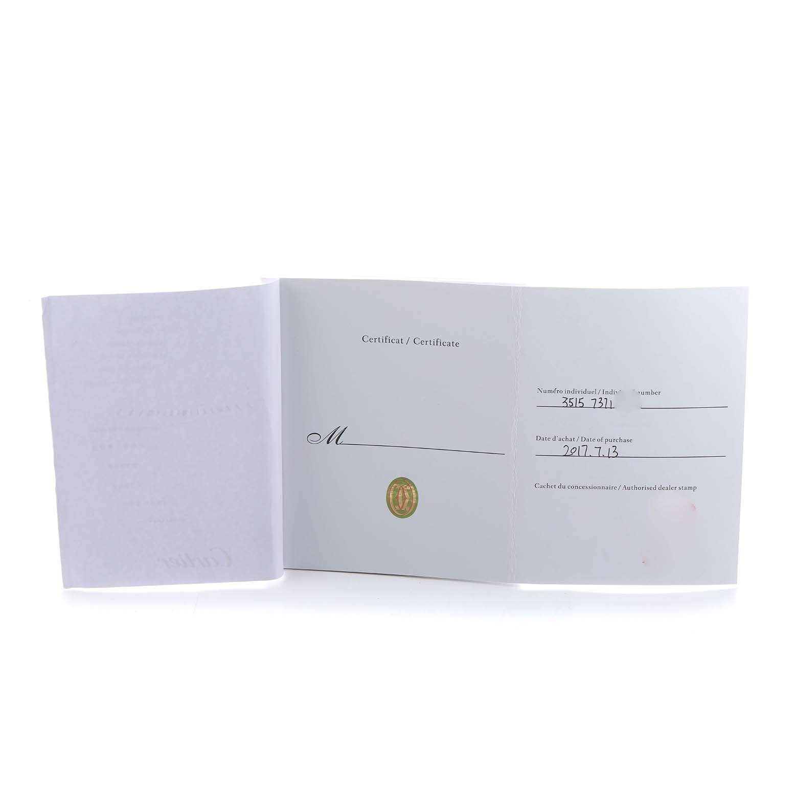 The image shows the open certificate booklet for the Cartier Tank Solo W5200027 Men's Stainless Steel Silver Dial model, displaying details like purchase date and serial number.