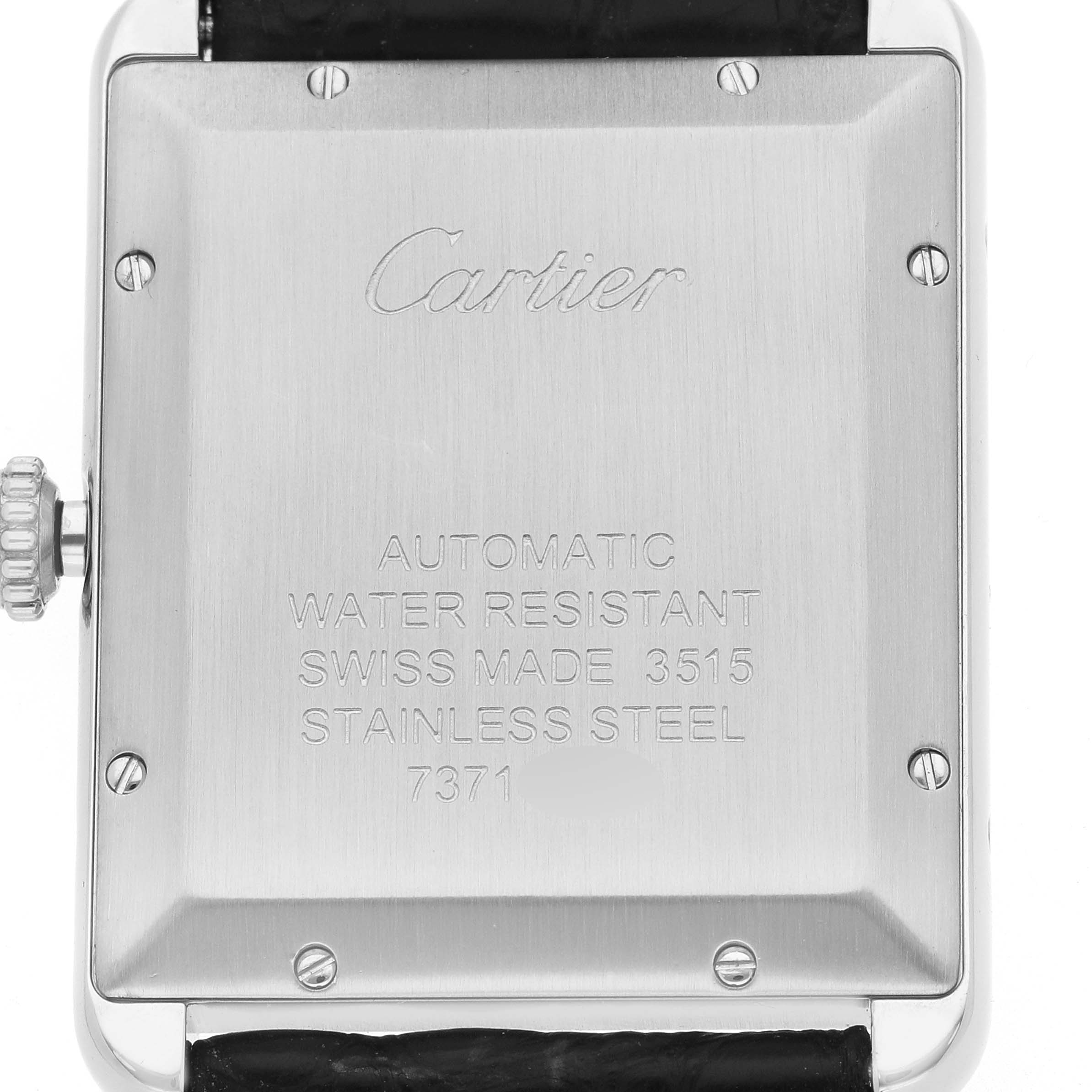 The image shows the back case of the Cartier Tank Solo W5200027 Men's Stainless Steel Silver Dial watch, displaying engraved text detailing its specifications.