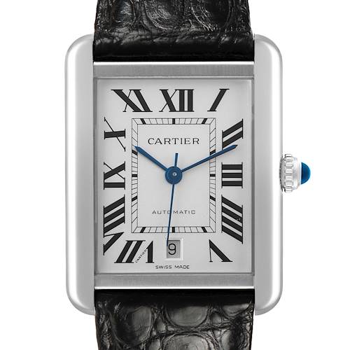 The Cartier Tank Solo W5200027 Men's Stainless Steel Silver Dial watch is shown from the front, displaying the dial, Roman numerals, blue hands, and a date window.