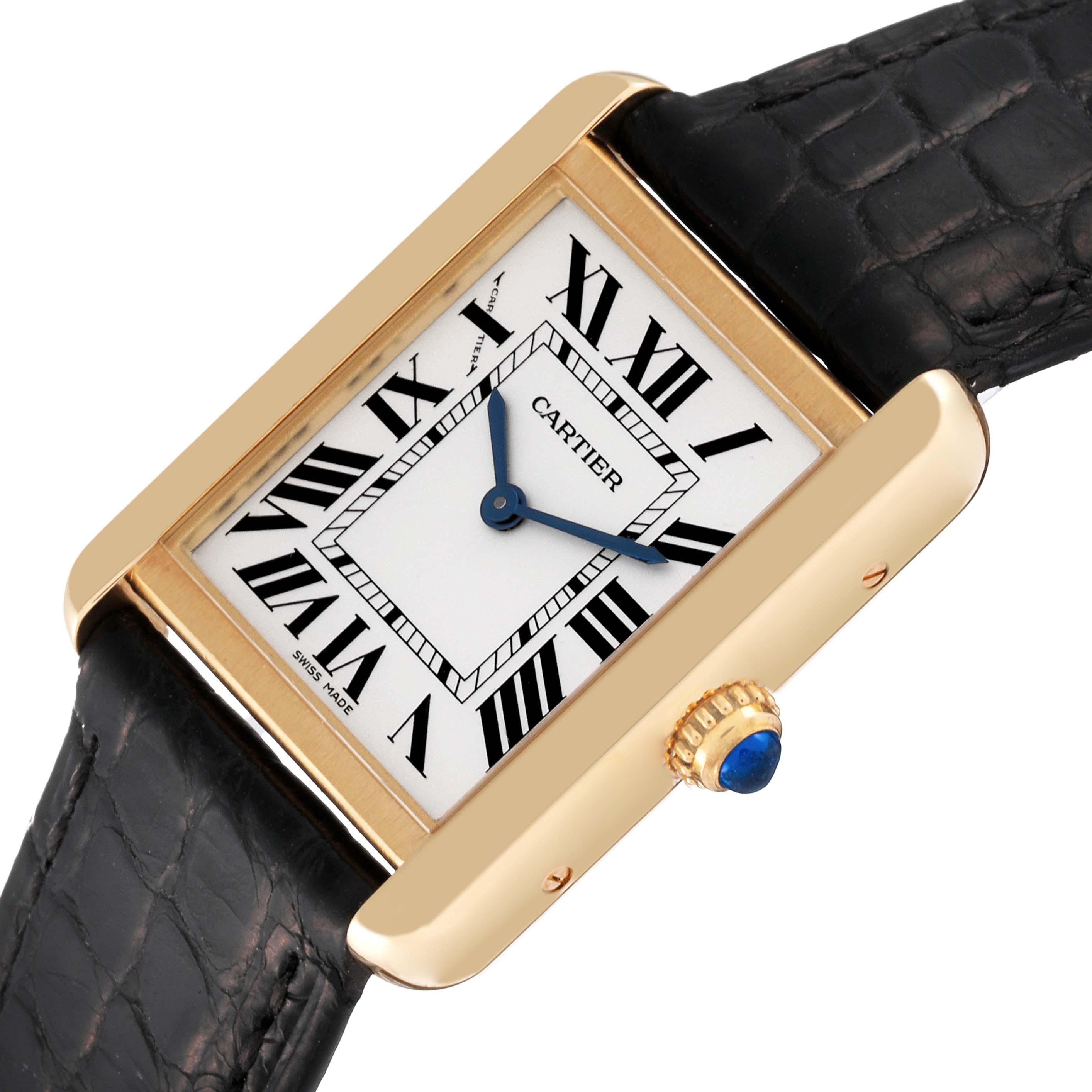 The Cartier Tank Solo W5200002 Women
s Steel and Gold (two tone) Silver Dial W5200002 Women
s Steel and Gold (two tone) Silver Dial watch is shown from a top-down angle, featuring the face, case, and part of the strap.