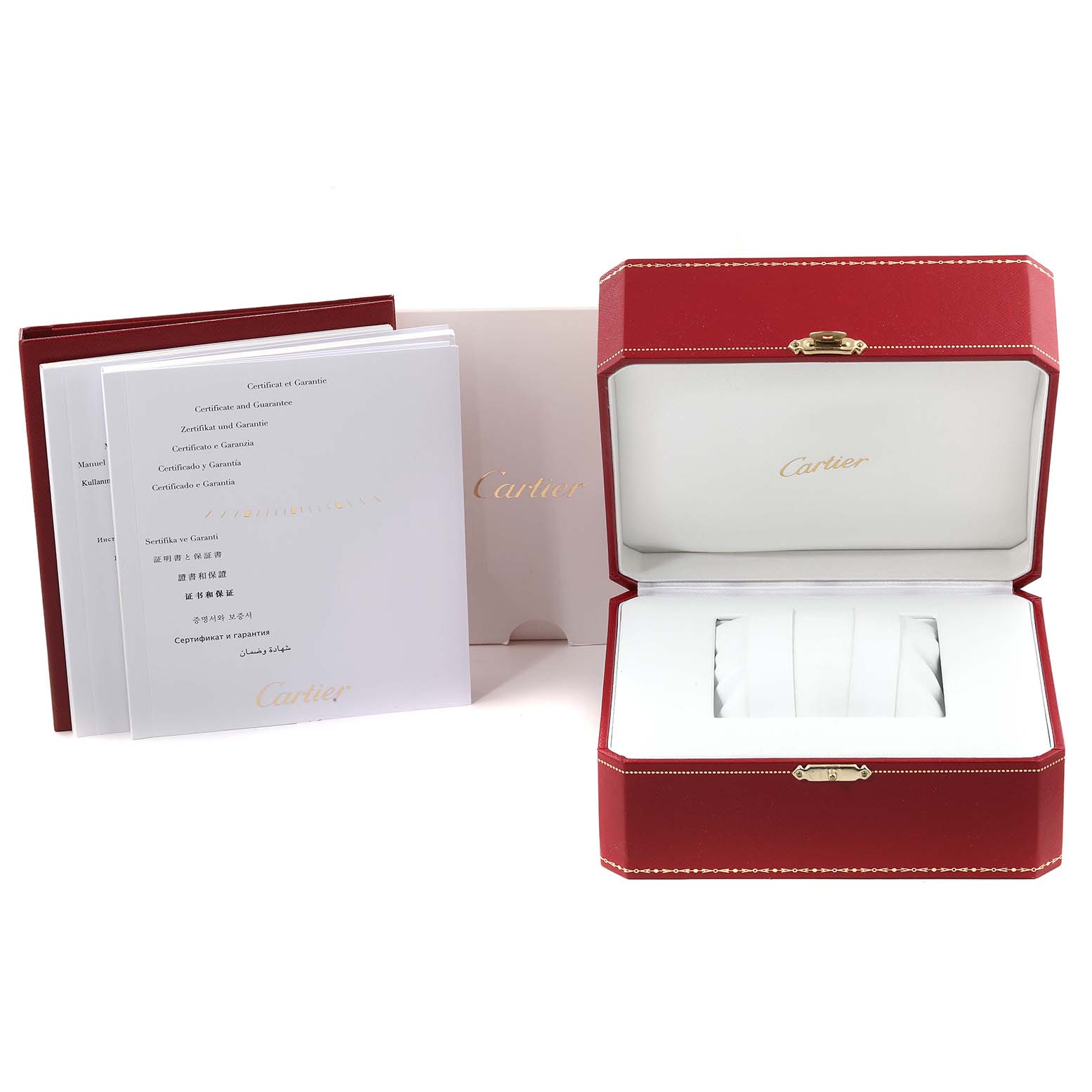 This image shows the packaging and documentation for a Cartier Tank Solo W5200002 Women
s Steel and Gold (two tone) Silver Dial W5200002 Women
s Steel and Gold (two tone) Silver Dial watch, including the open red watch box and accompanying booklets.