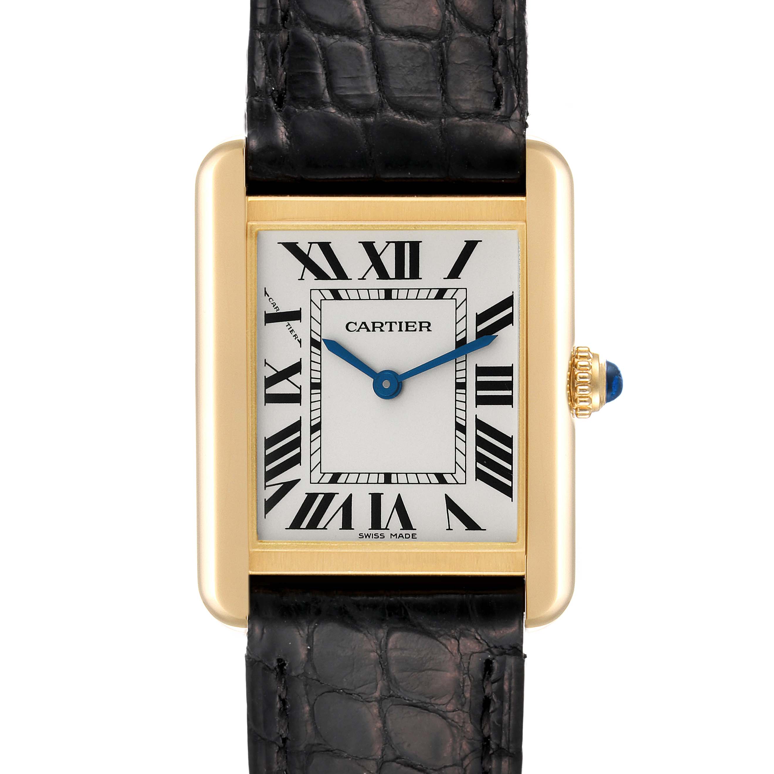 The Cartier Tank Solo W5200002 Women
s Steel and Gold (two tone) Silver Dial W5200002 Women
s Steel and Gold (two tone) Silver Dial watch is shown from the front, highlighting the face, Roman numerals, hands, and part of the strap.