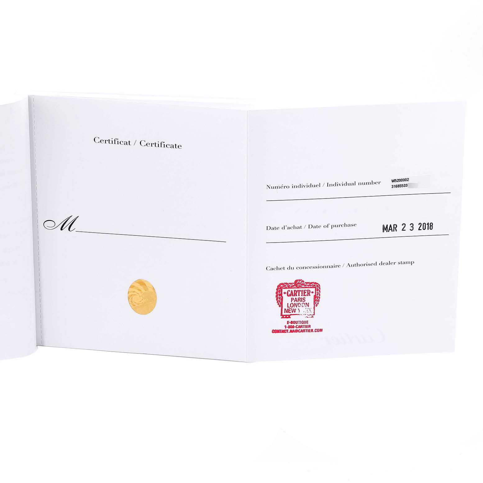 This image shows the certificate of Best Quality
ity for a Cartier Tank Solo W5200002 Women
s Steel and Gold (two tone) Silver Dial W5200002 Women
s Steel and Gold (two tone) Silver Dial watch, open to display the individual number and purchase date.