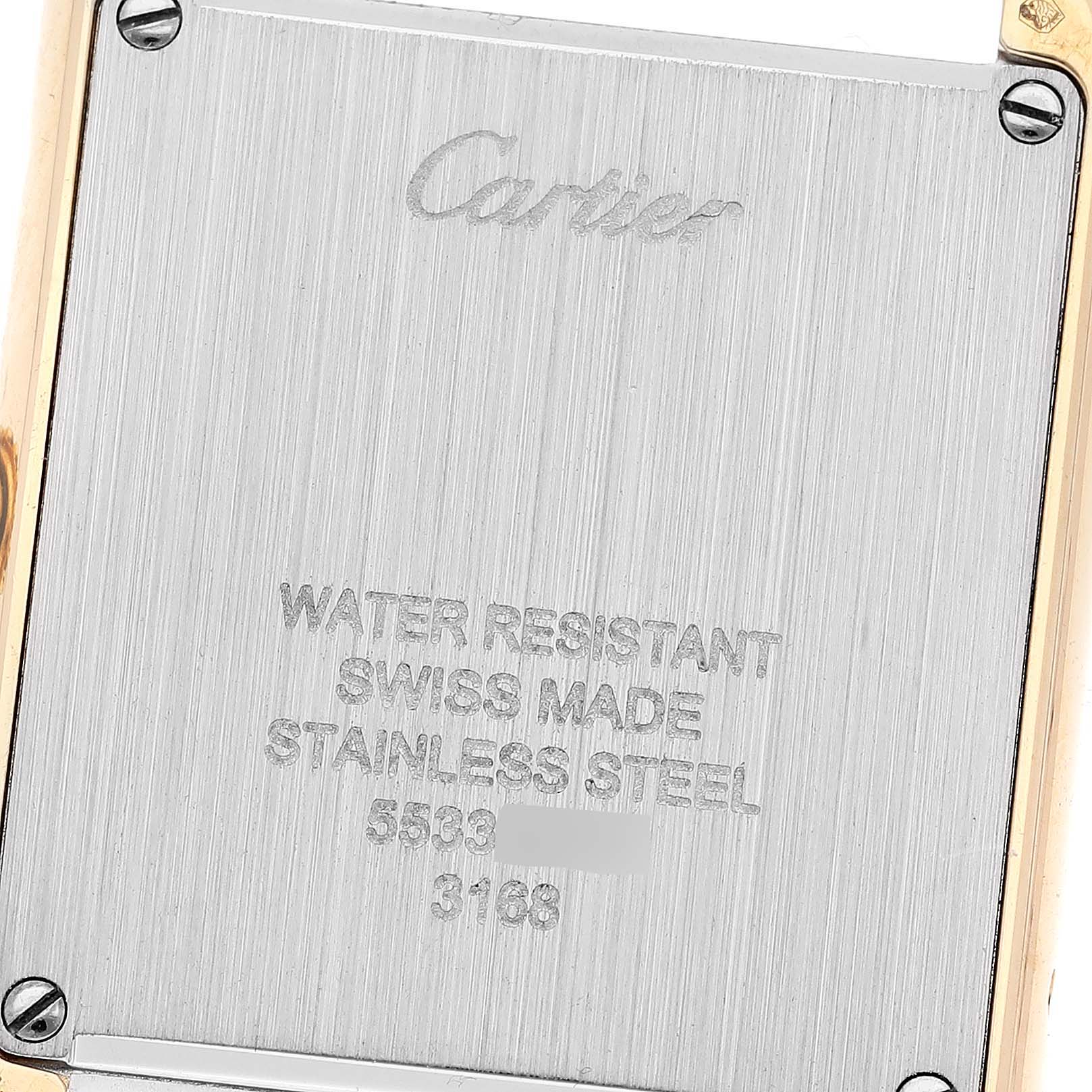 The image shows the back case of a Cartier Tank Solo W5200002 Women
s Steel and Gold (two tone) Silver Dial W5200002 Women
s Steel and Gold (two tone) Silver Dial watch, highlighting its water resistance, Swiss make, and stainless steel material.