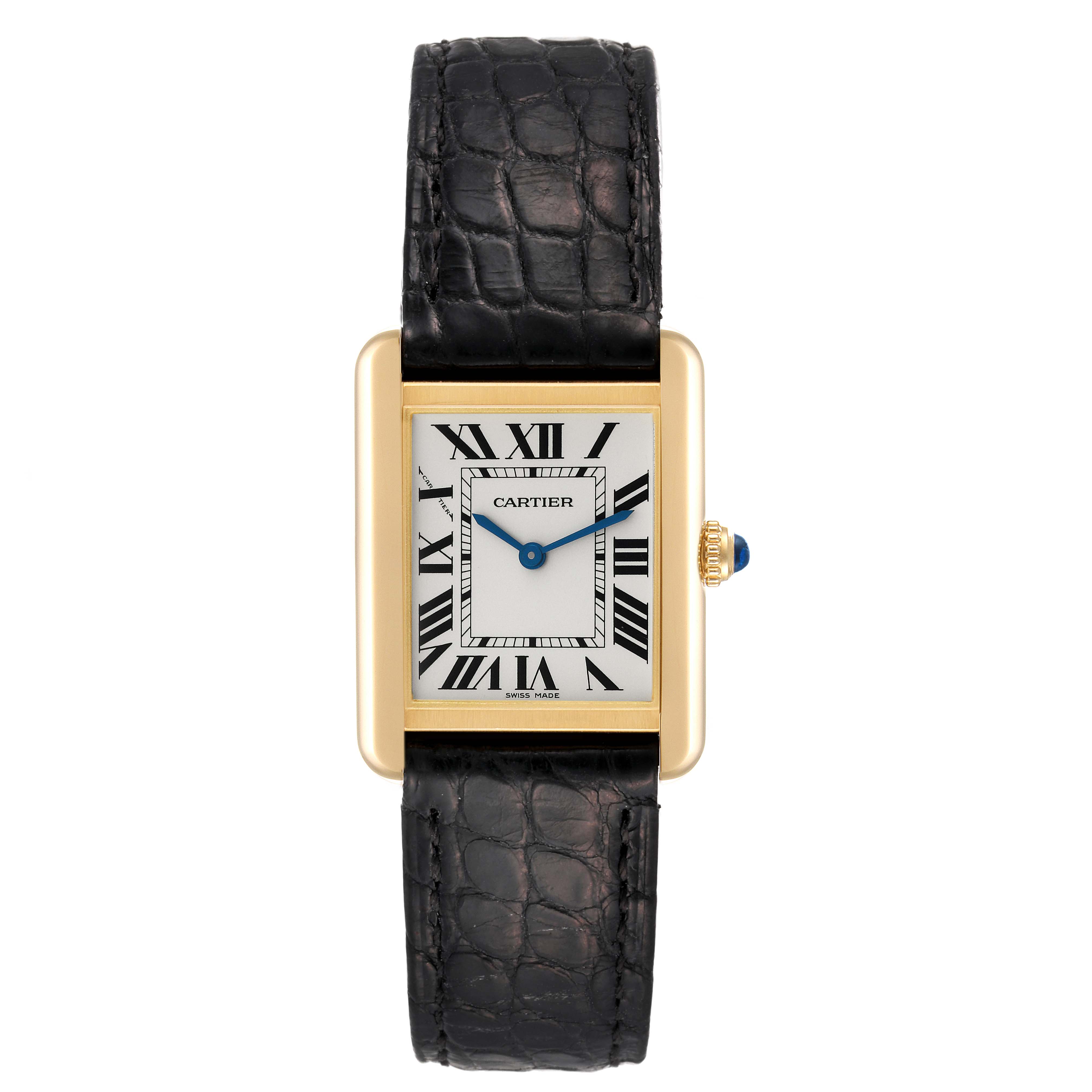 This image shows a front view of the Cartier Tank Solo W5200002 Women
s Steel and Gold (two tone) Silver Dial W5200002 Women
s Steel and Gold (two tone) Silver Dial watch, featuring a rectangular dial, Roman numerals, and a black leather strap.