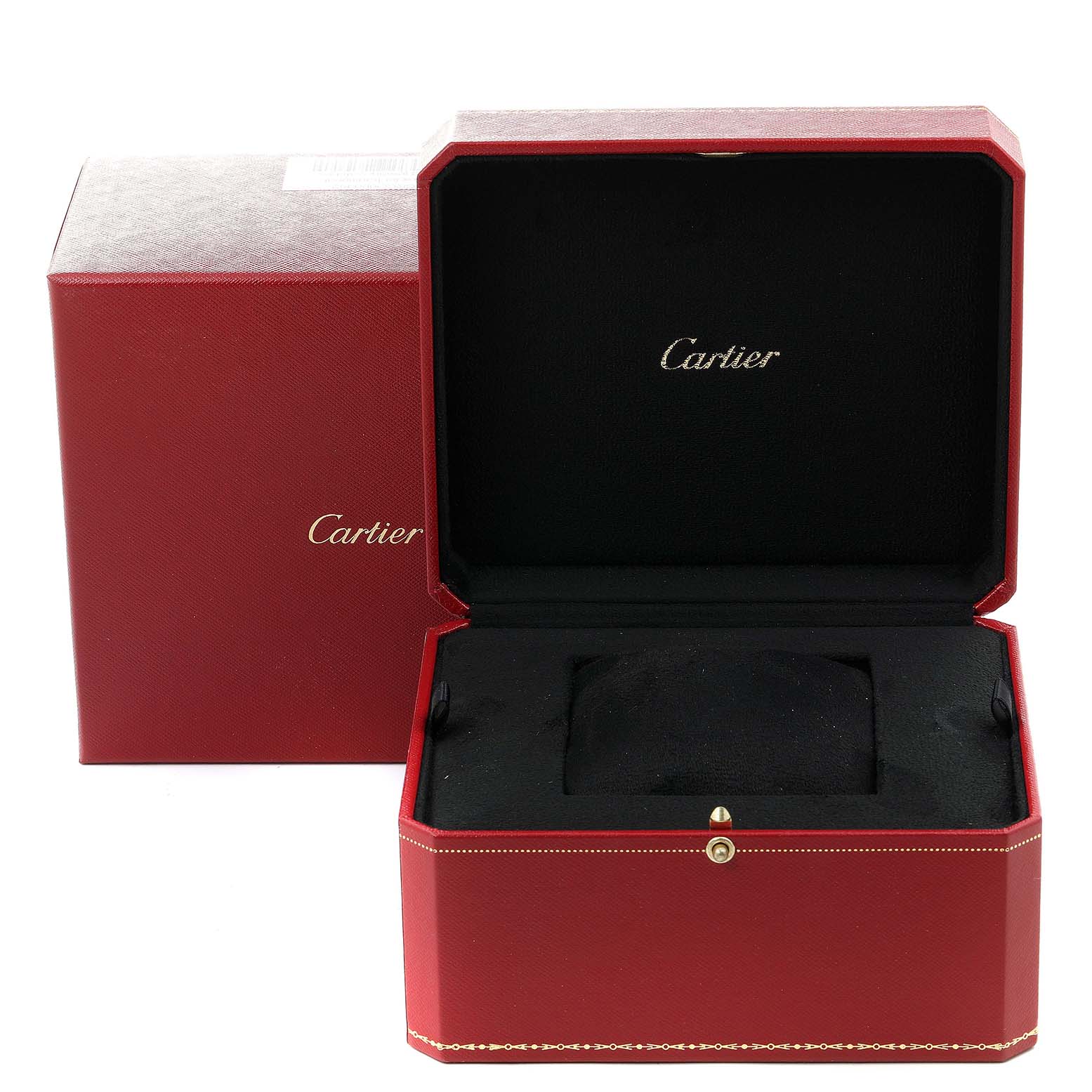 The image shows the opened watch box and outer packaging for a Cartier Trinity 2444 Women's White Gold Silver Dial 2444 Women's White Gold Silver Dial model.