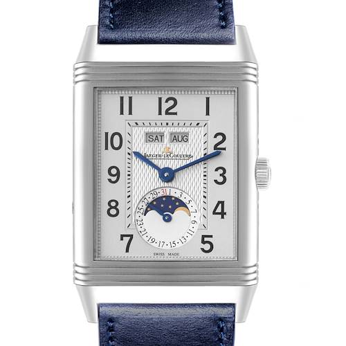 The Jaeger-LeCoultre Reverso watch is shown from the front, highlighting the dial, case, and part of the strap.