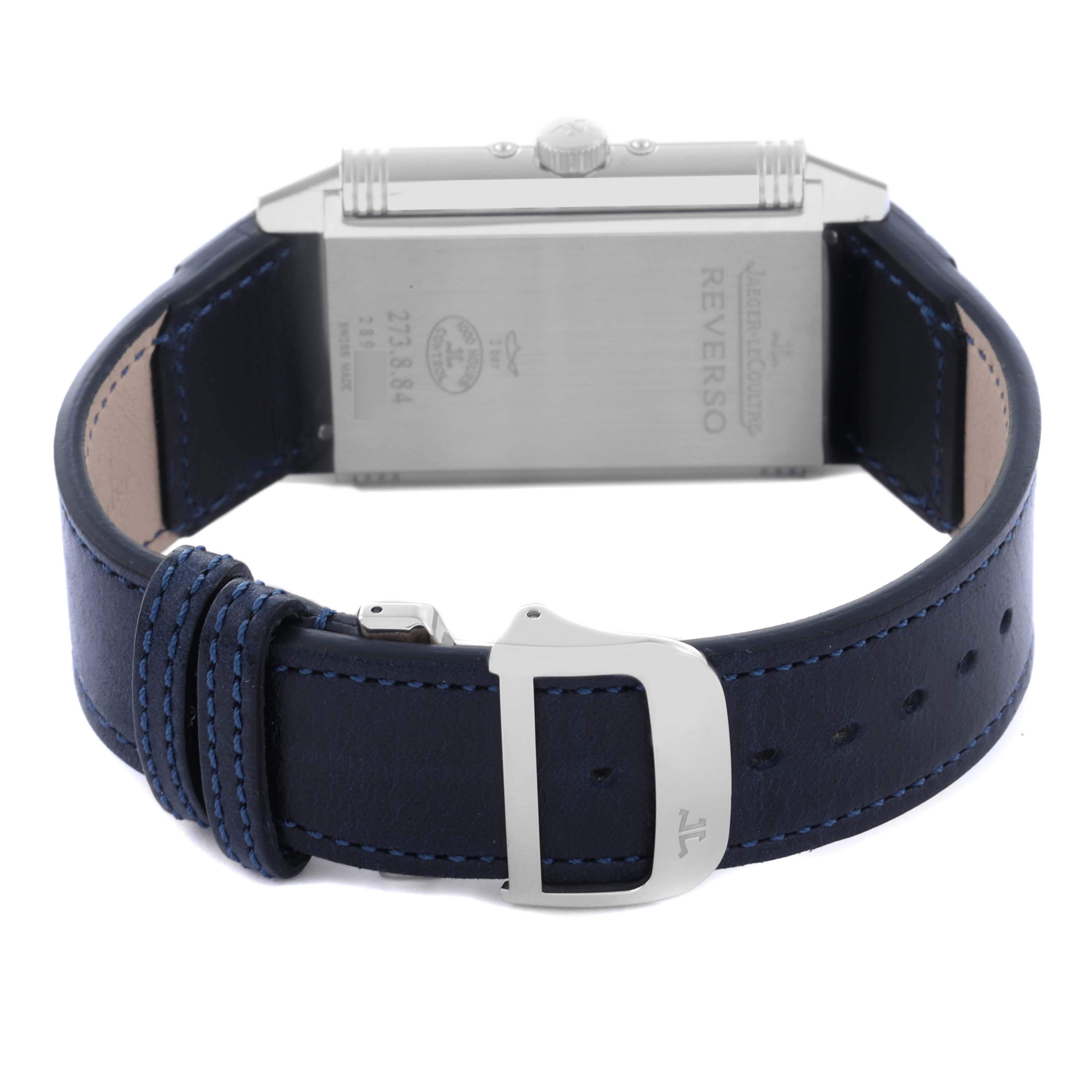 The image shows the back and side view of a Jaeger-LeCoultre Reverso watch, highlighting the strap and clasp.