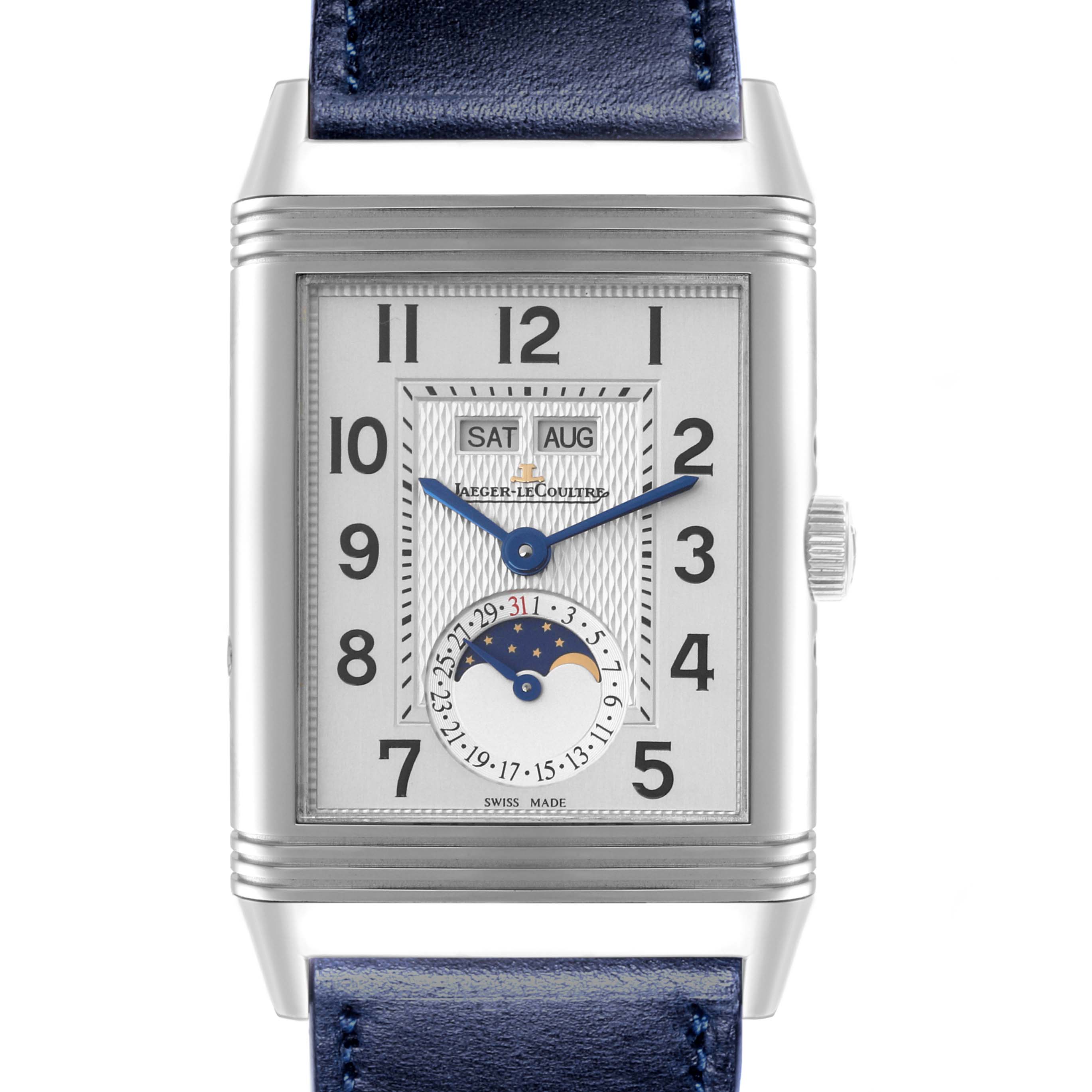 The Jaeger LeCoultre Reverso Q3758420 Men's Stainless Steel Silver Dial Q3758420 Men's Stainless Steel Silver Dial model is shown from the front, displaying its dial, hands, calendar, and phase of the moon.