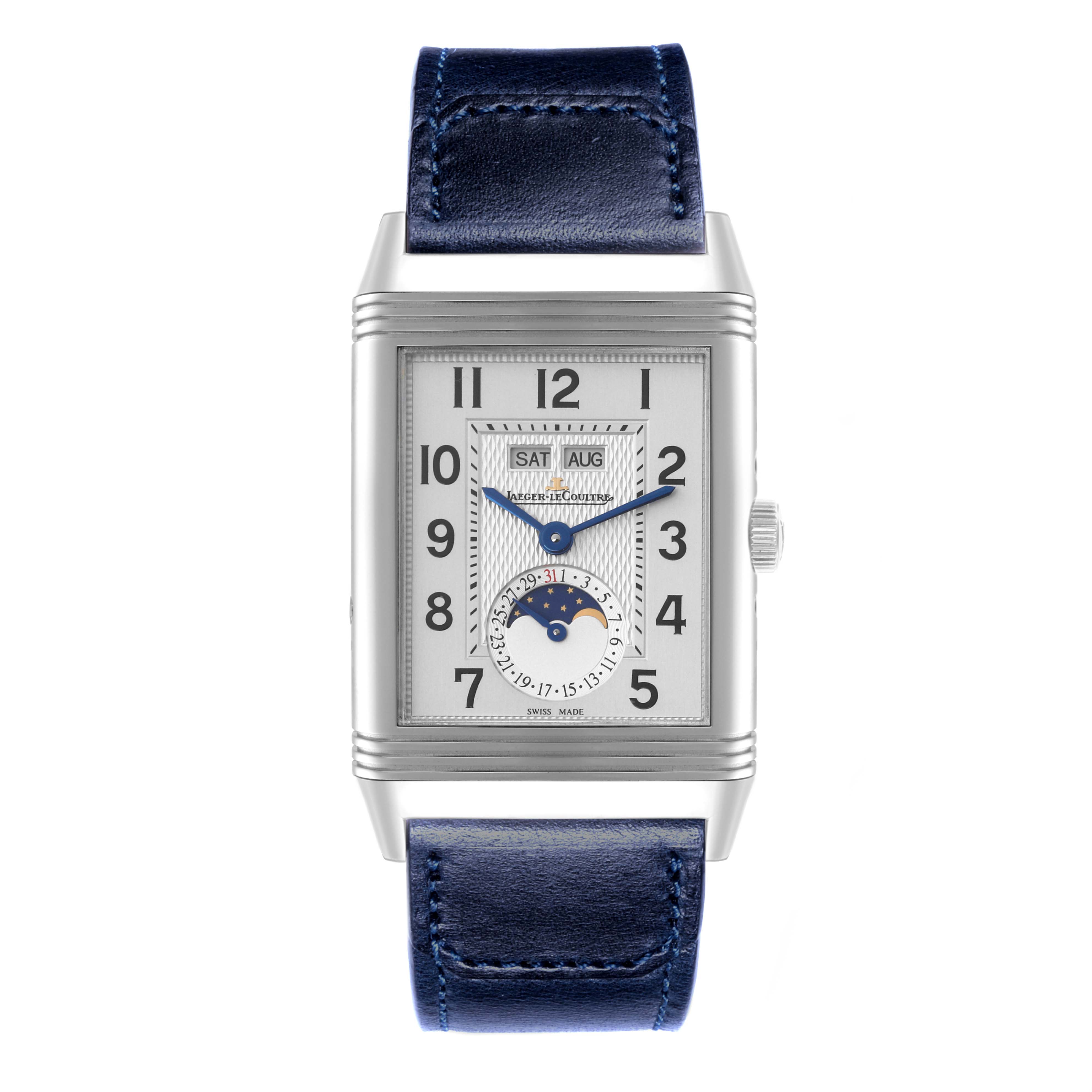 The Jaeger-LeCoultre Reverso watch is shown from a front angle, displaying the dial, hands, and leather strap.