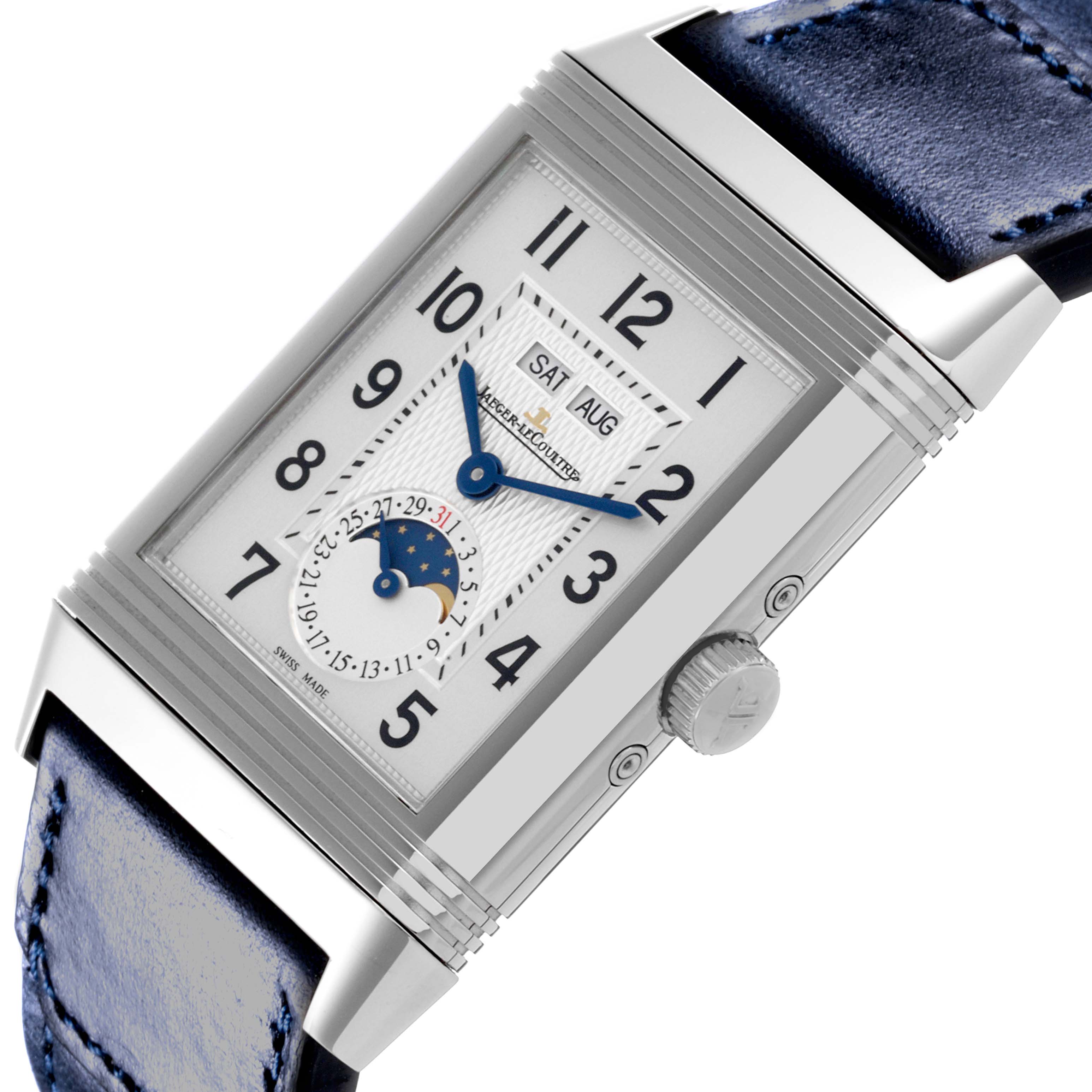 The Jaeger-LeCoultre Reverso watch is shown from a close-up angle, displaying the dial, case, crown, and strap.