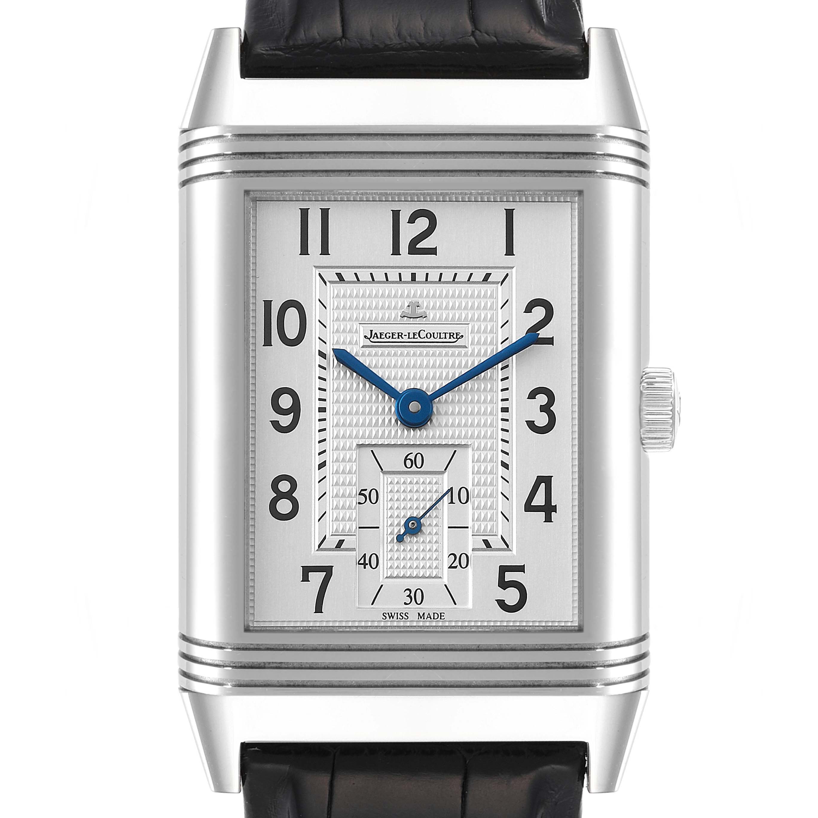 The image shows the front face of a Jaeger LeCoultre Reverso Q3738420 Men
s Stainless Steel Silver Dial Q3738420 Men
s Stainless Steel Silver Dial watch with its dial, hour markers, hands, and a small seconds subdial.