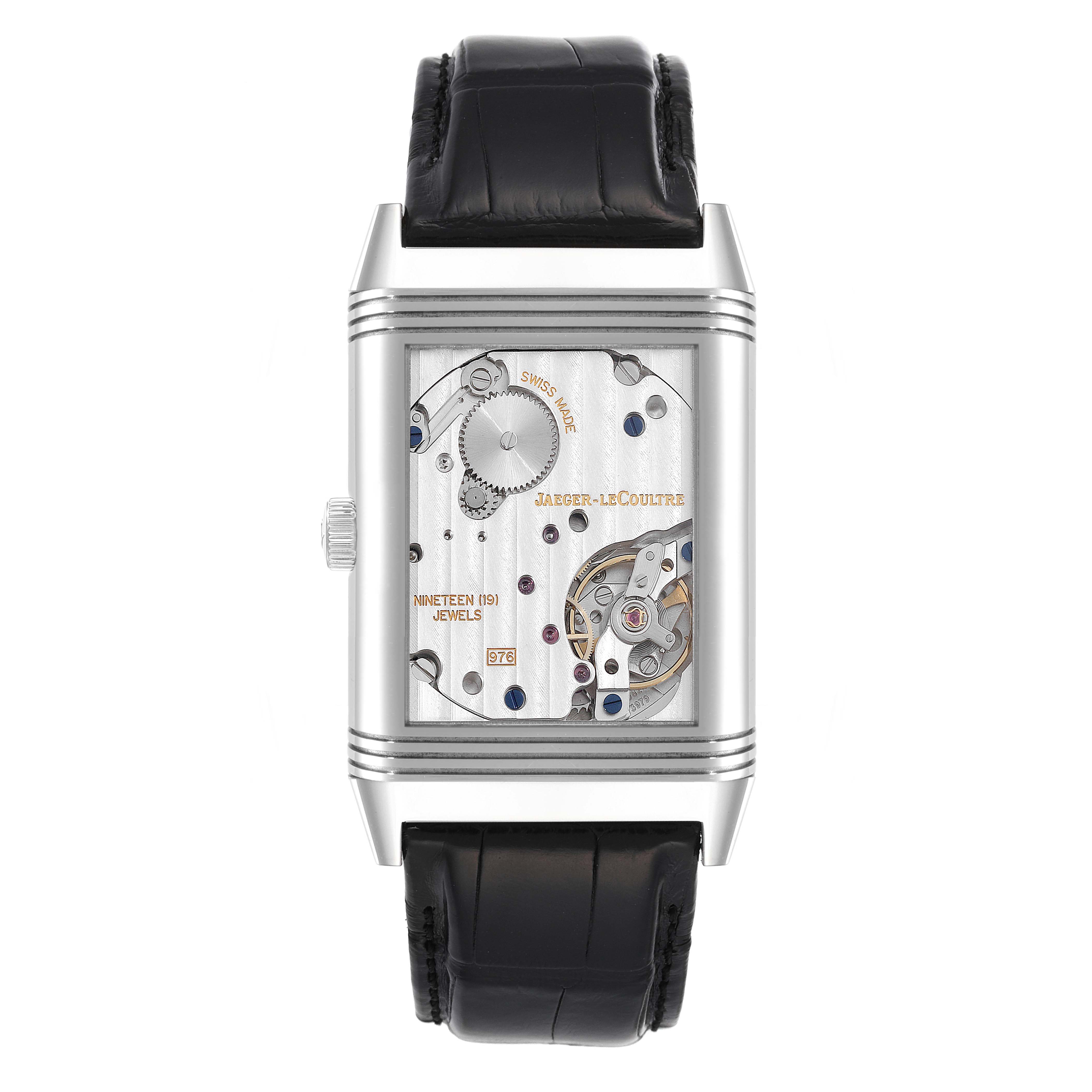 This image shows the front angle of the Jaeger LeCoultre Reverso Q3738420 Men
s Stainless Steel Silver Dial Q3738420 Men
s Stainless Steel Silver Dial watch, highlighting its intricate internal movement and black leather strap.